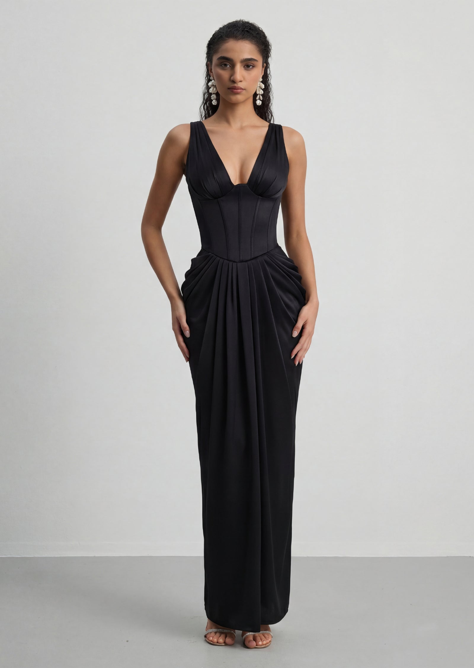 Satin Corset Maxi Dress In Black