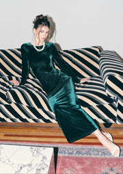 Long Sleeved Gathers  Maxi Dress In Dark Green