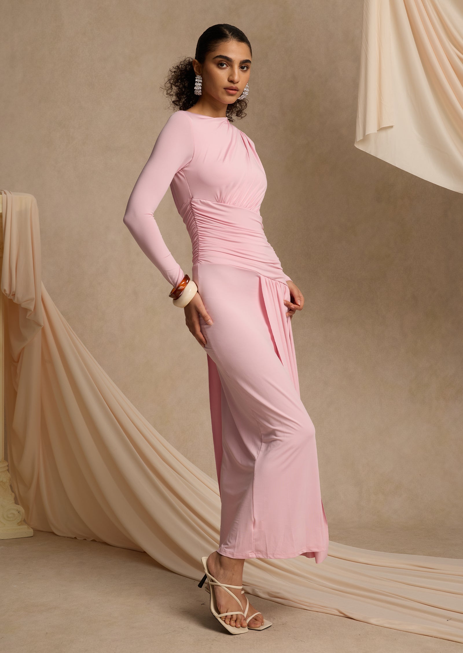 Layali Rose Asymmetric Ruched Maxi Dress