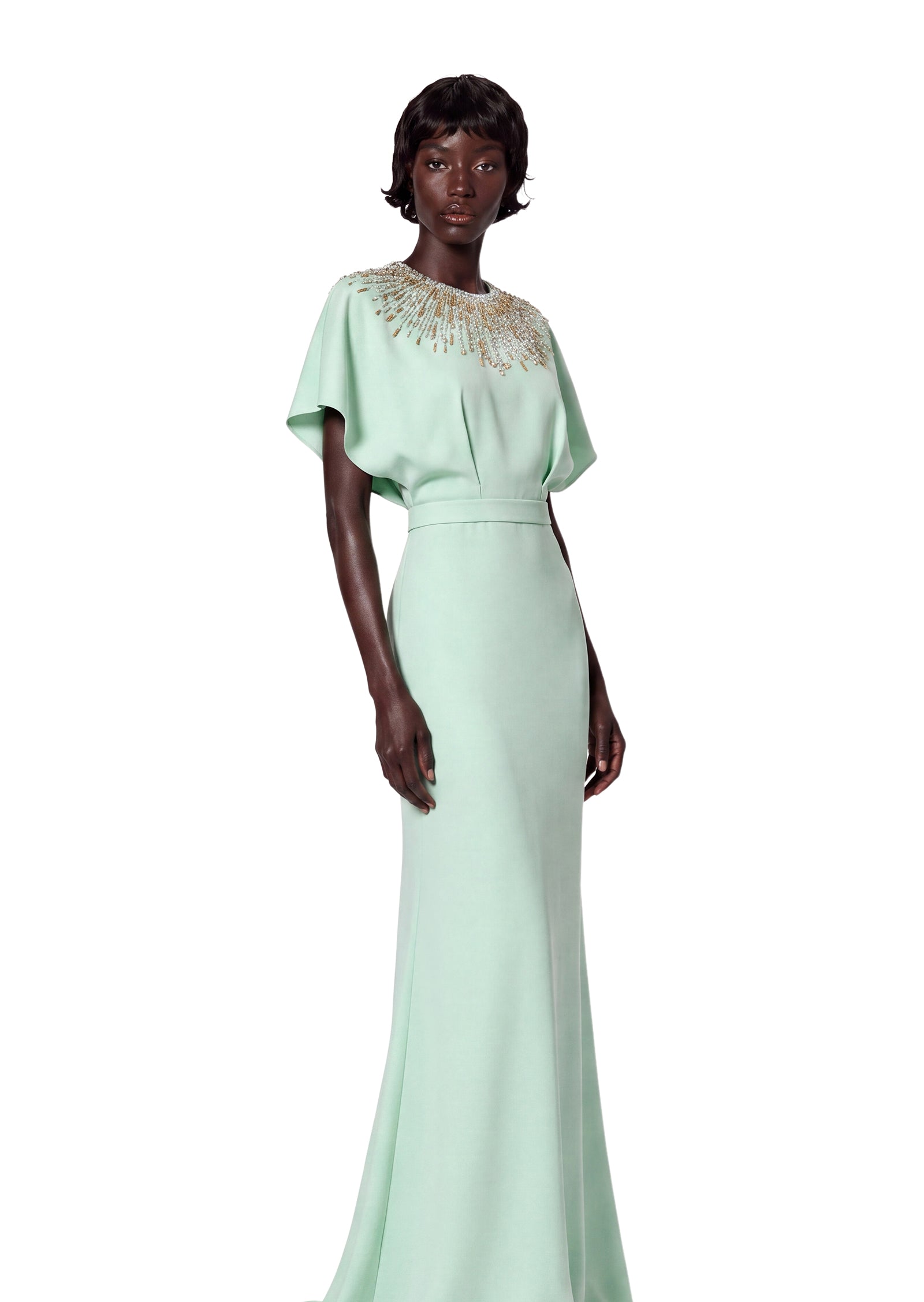 Gaby Short Sleeve Satin Maxi Dress In Green