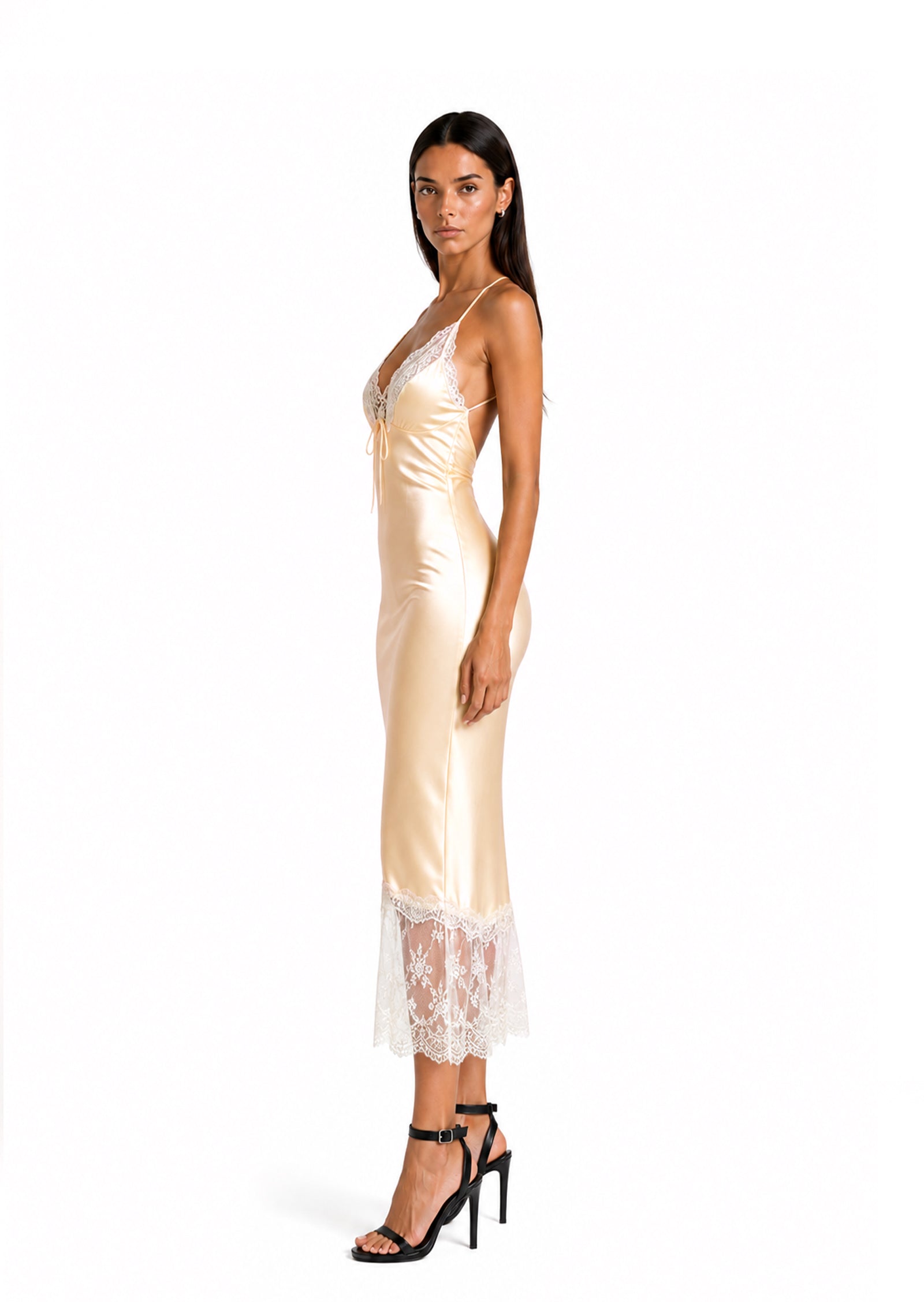Kahlilia V Neck Satin Lace Midi Dress In Yellow