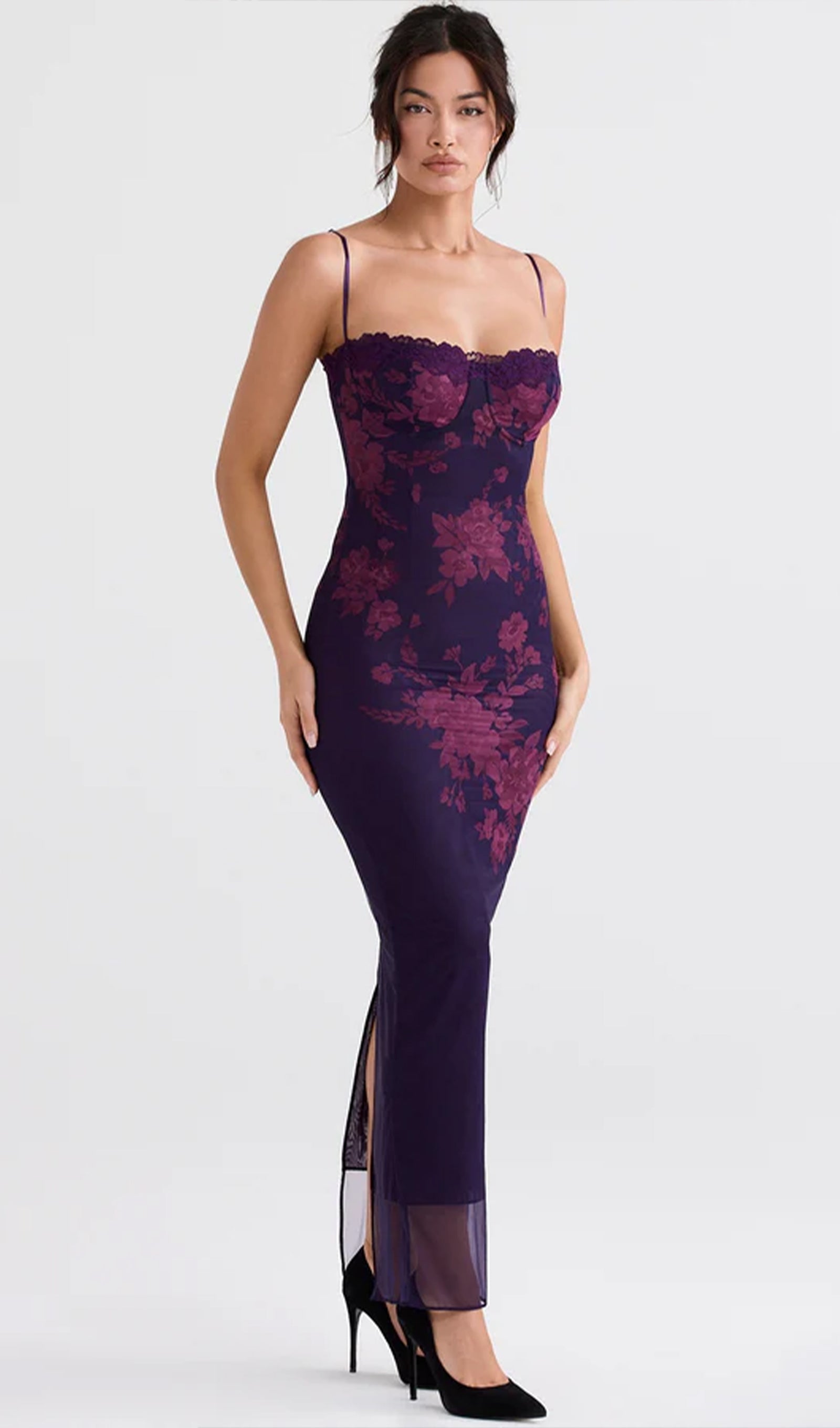 Tied Lace Trim Floral Mesh Midi Dress