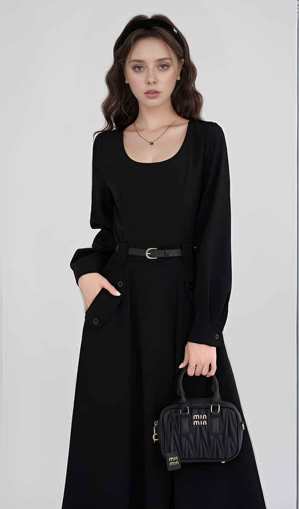 Black Scoop Neck Belt Midi Dress