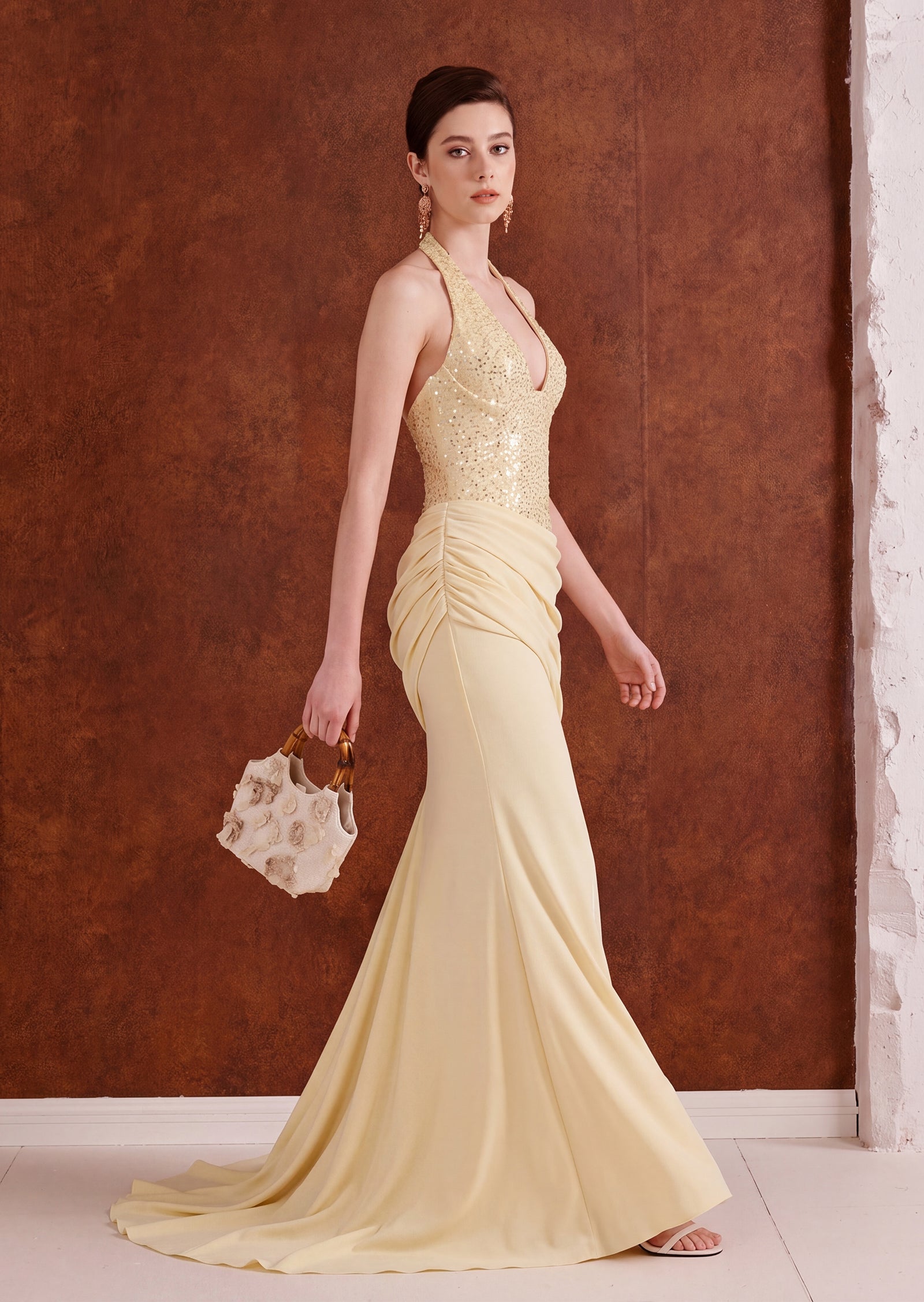 Estrela Halter Mermaid Maxi Dress With Train In Lemon