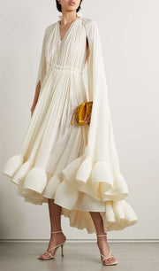 Cape Sleeve Pleated Baggy Midi Dress