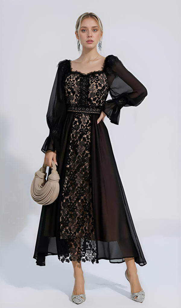 Long Sleeve Lace Flower Fit and Flare Maxi Dress