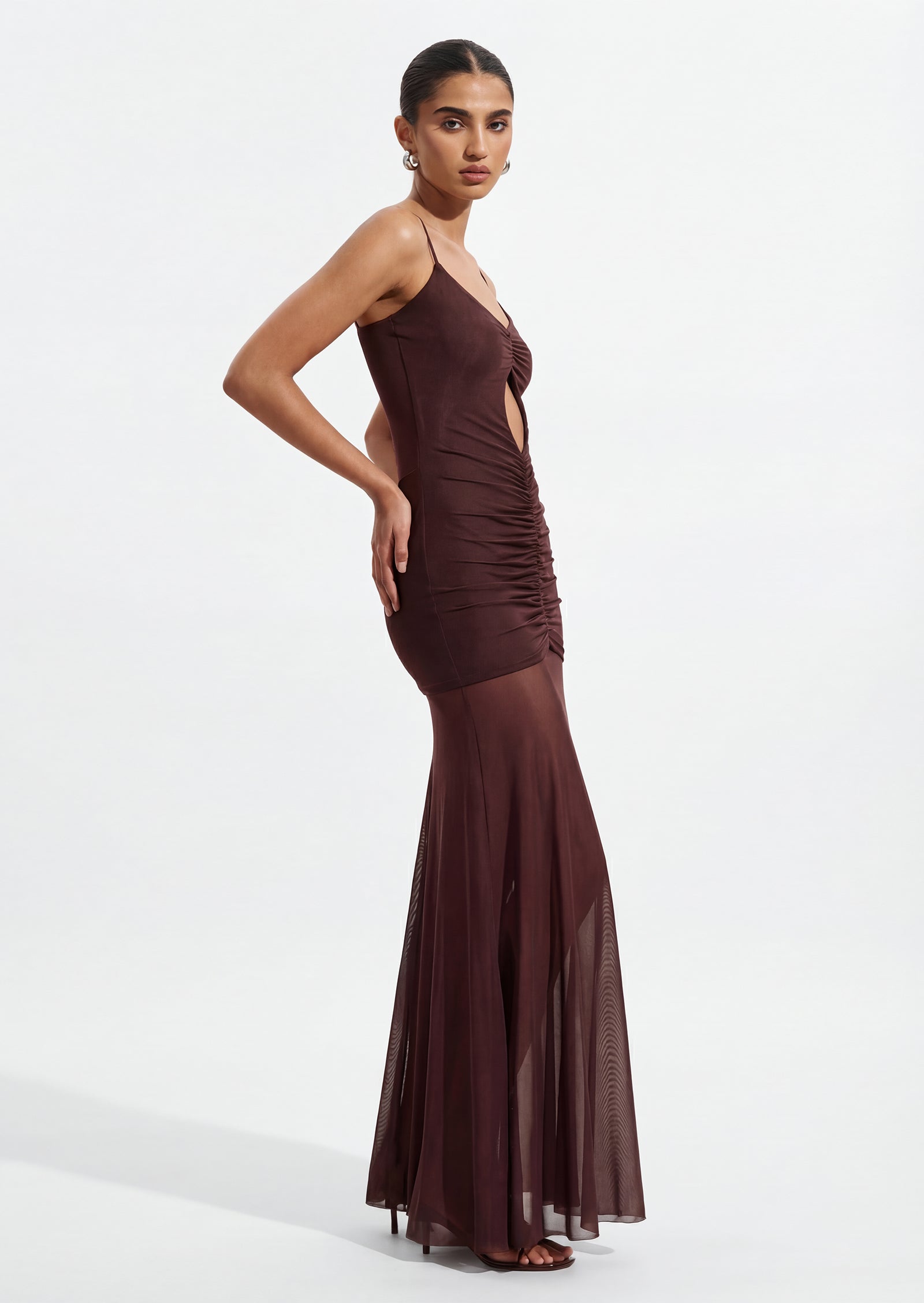 Slinky And Mesh Maxi Dress In Chocolate