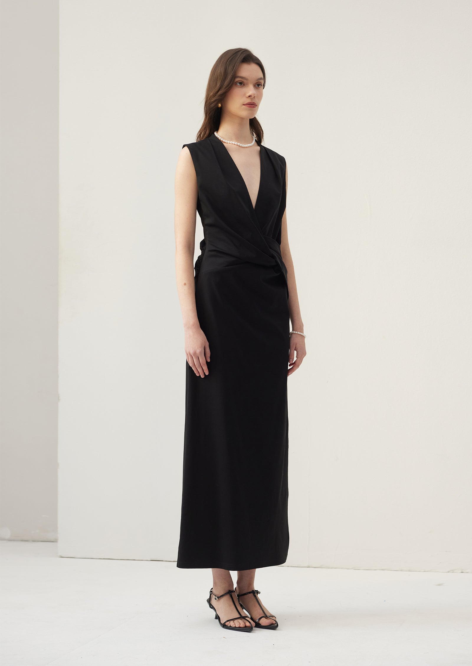 V Neck Crepe Twist Maxi Dress