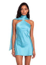 Tacey Satin Halter Neck Mini Dress In Blue