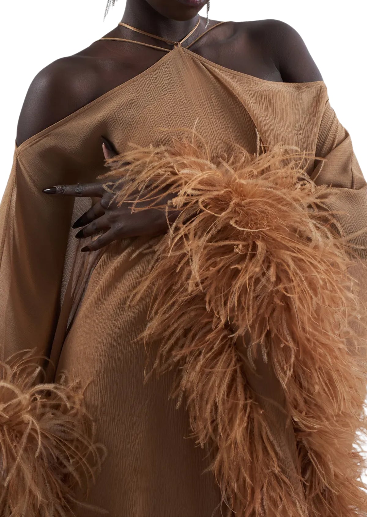 Paget Halter Neck Ostrich Feather Maxi Dress In Camel