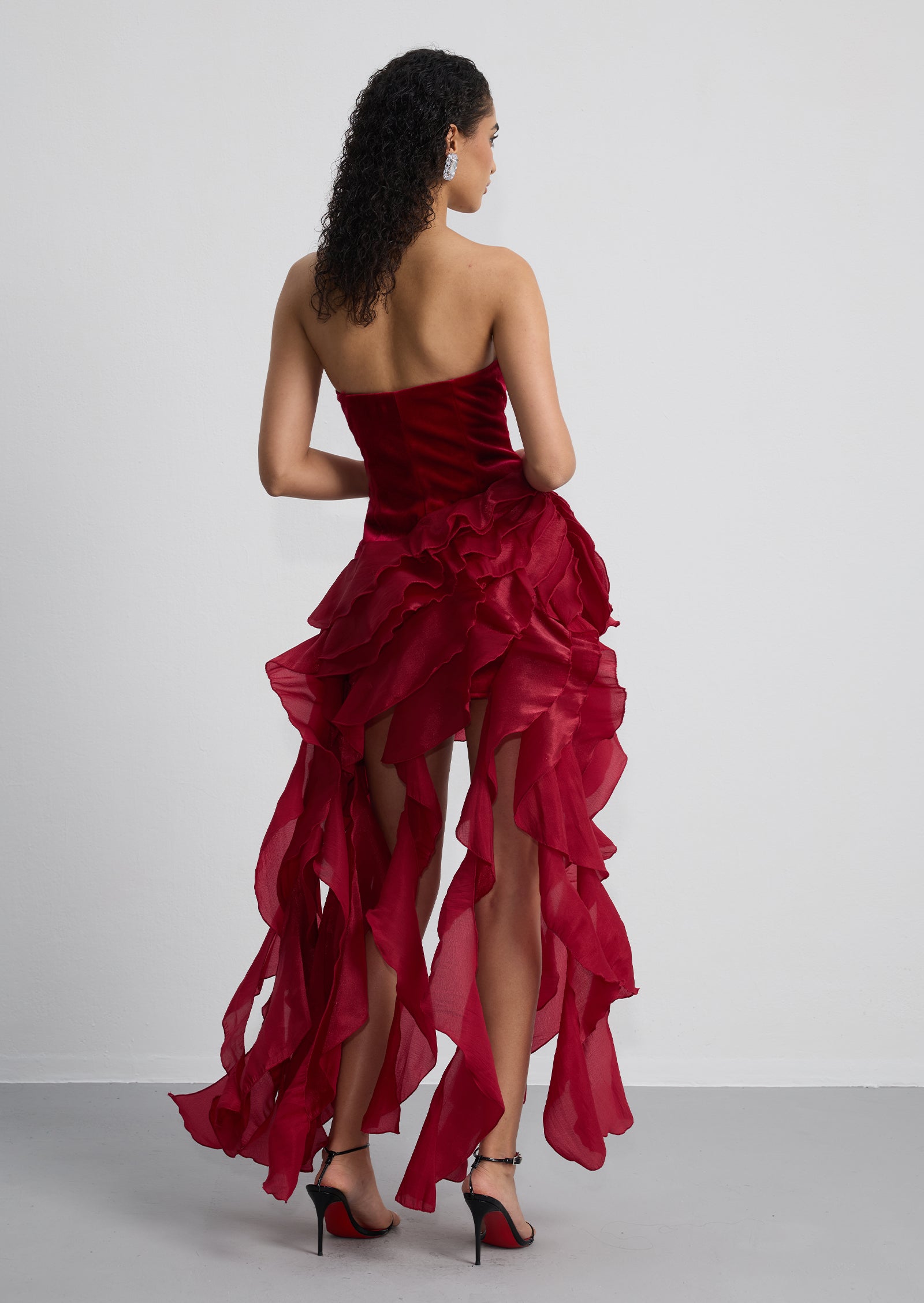 Strapless Ruffled Velvet Maxi Dress In Red