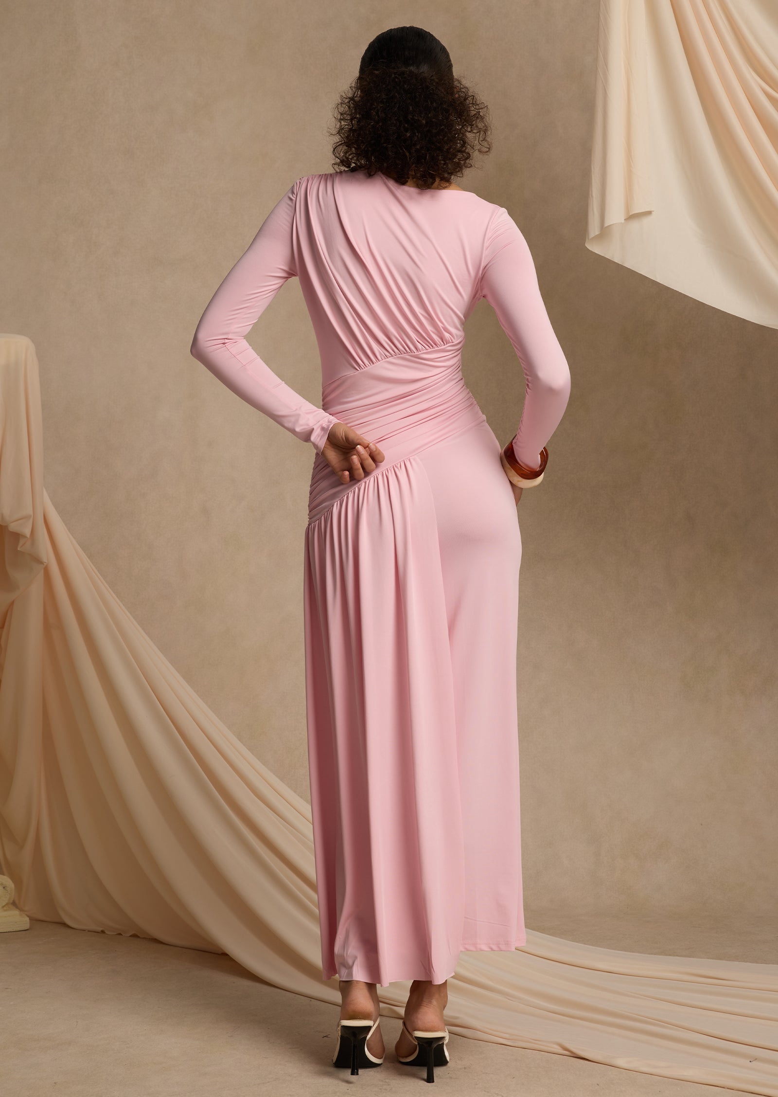 Layali Rose Asymmetric Ruched Maxi Dress