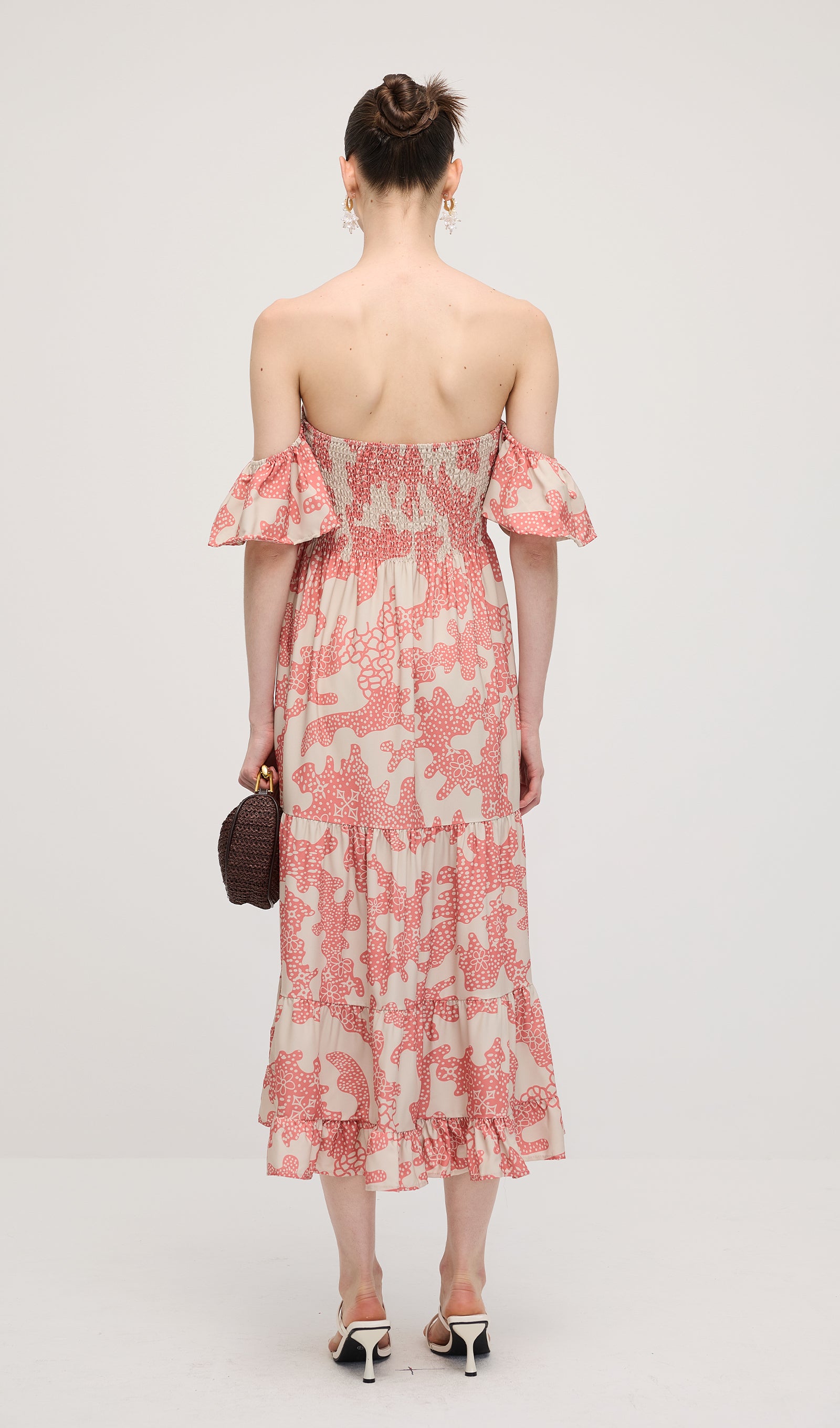 Off Shoulder Smocked Ruffle Printed Midi Dress