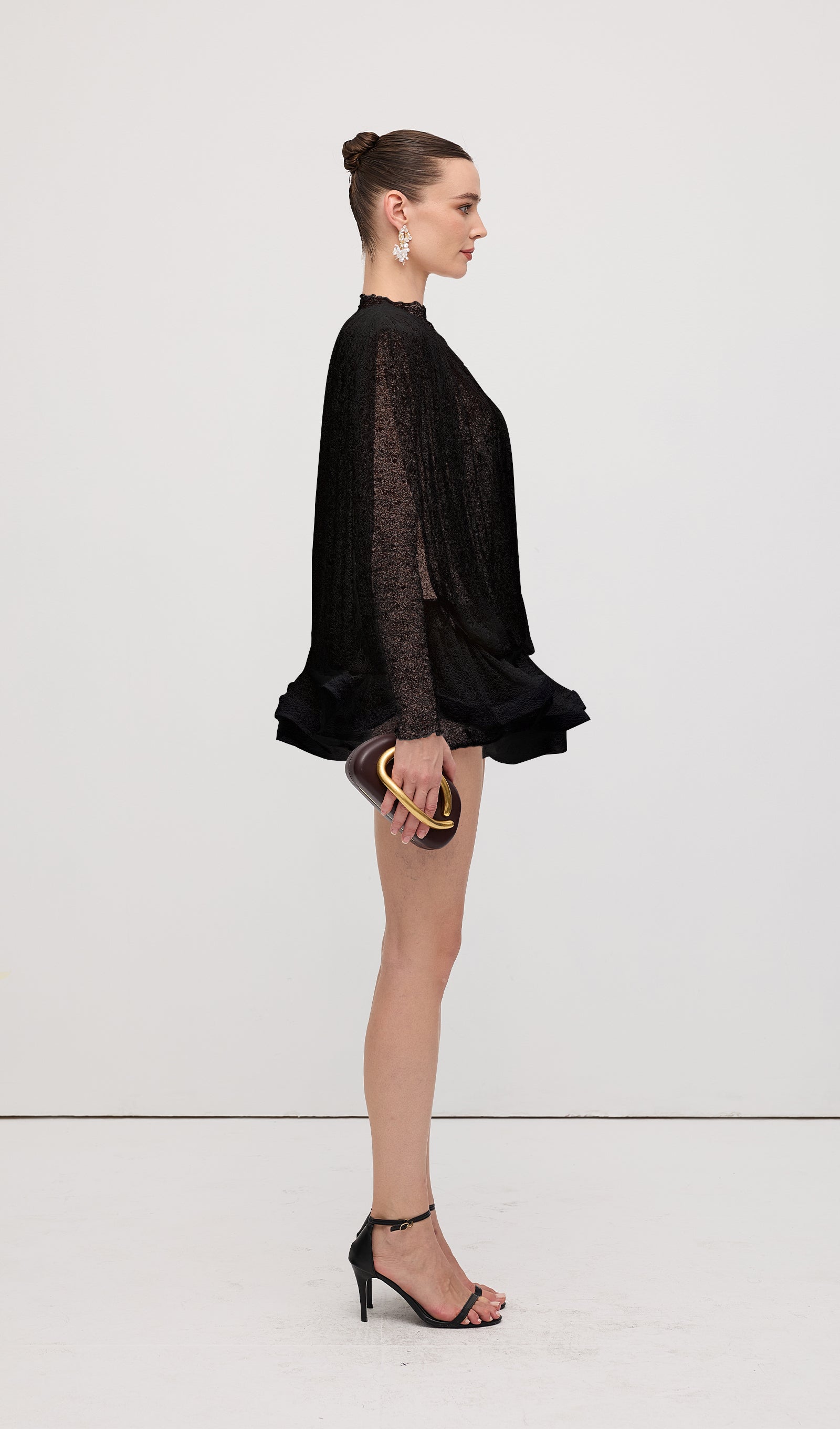 Lace Semi Sheer Ruffled Mini Dress In Black