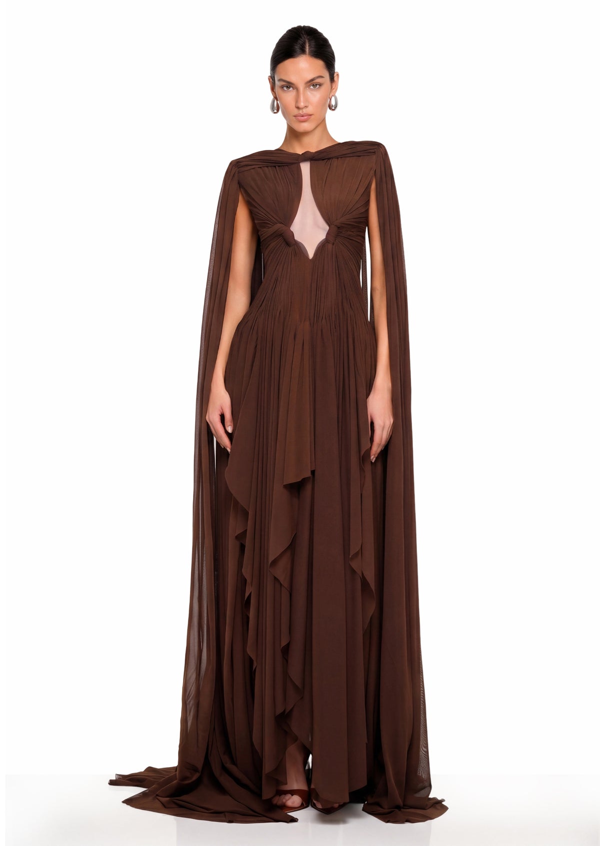Dacian Cut Out Cape Maxi Dress In Brown