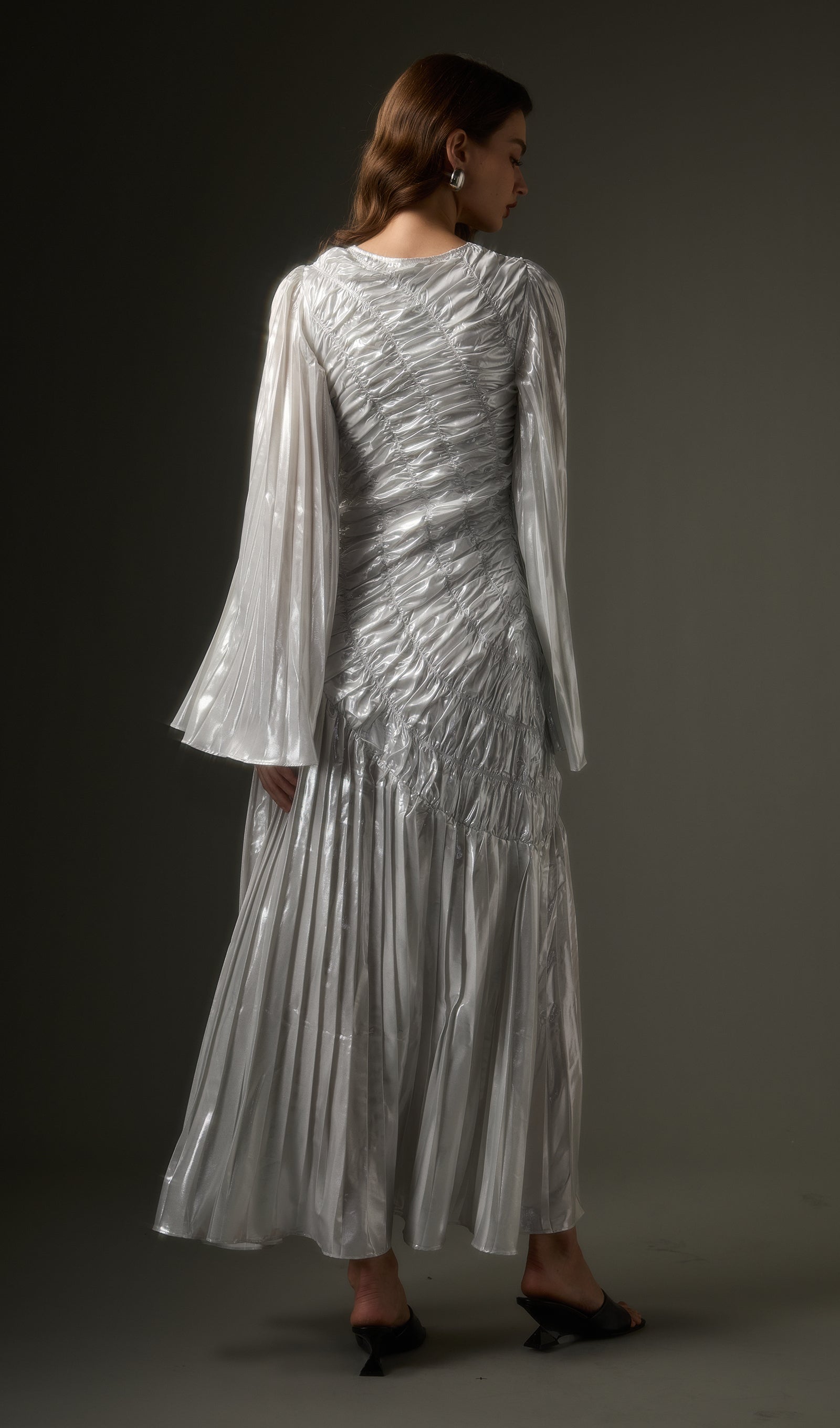Metallic Long Sleeve Maxi Dress In Silver