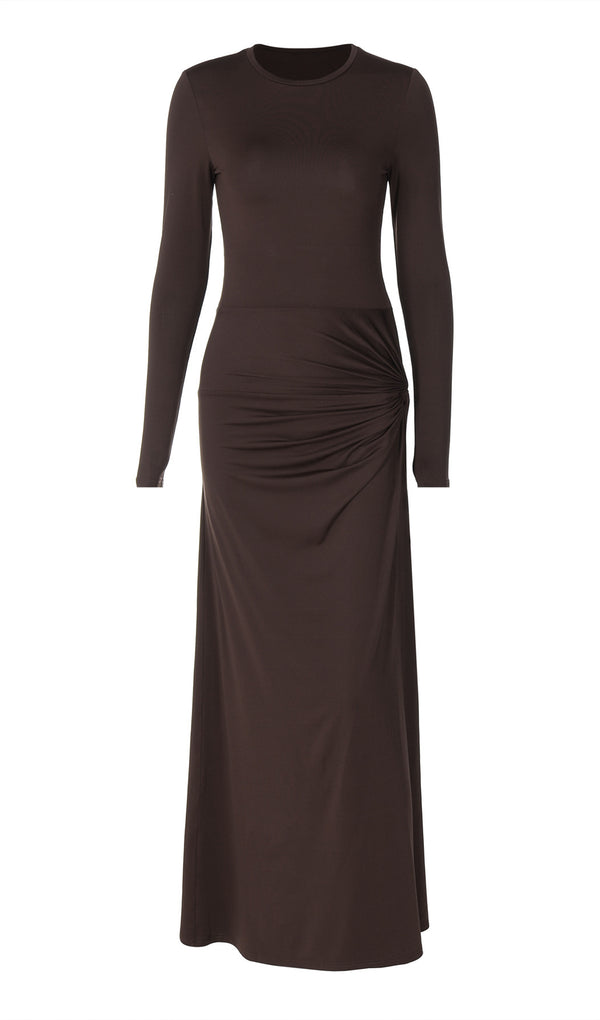 Trendy Draped Jersey Slit Maxi Dress-Brown