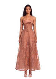 Xhosa V Neck Lace Midi Dress In Coffee