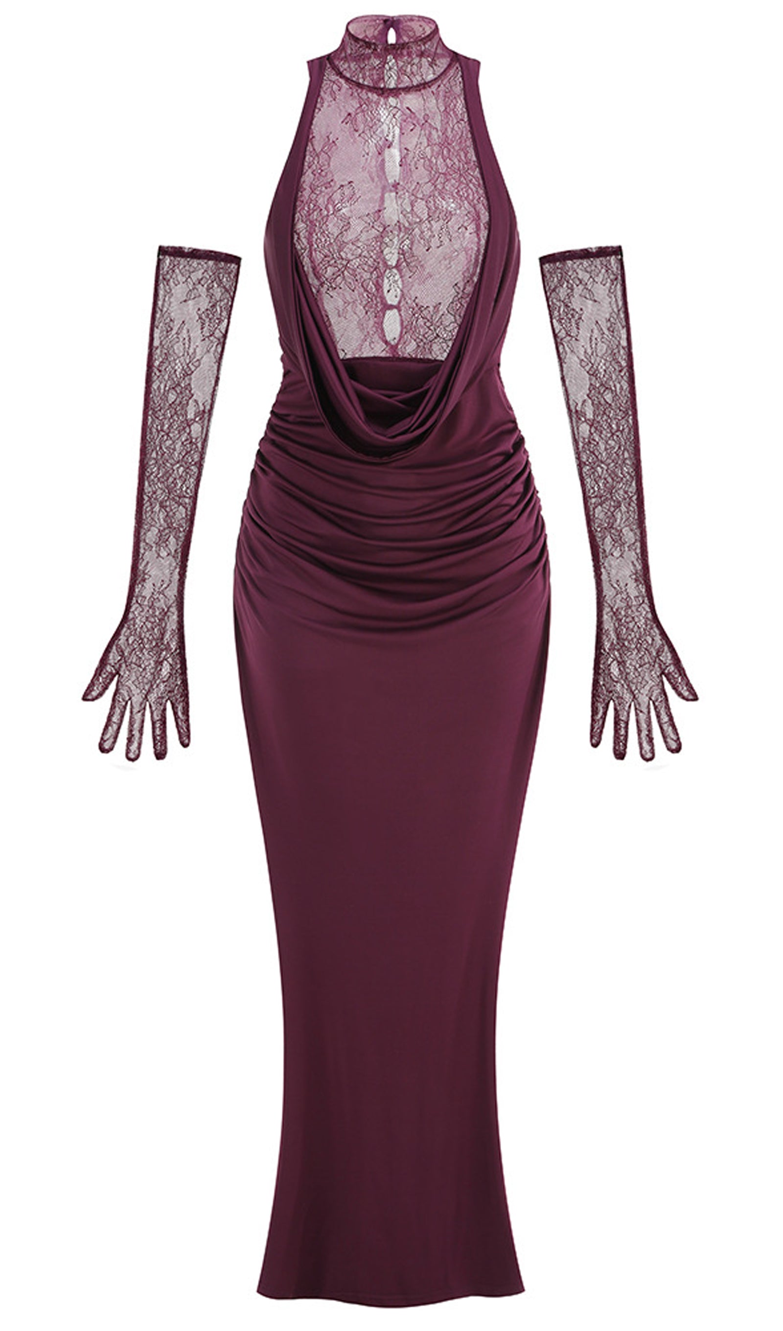 Lace Bodice Ruched Maxi Dress In Magenta