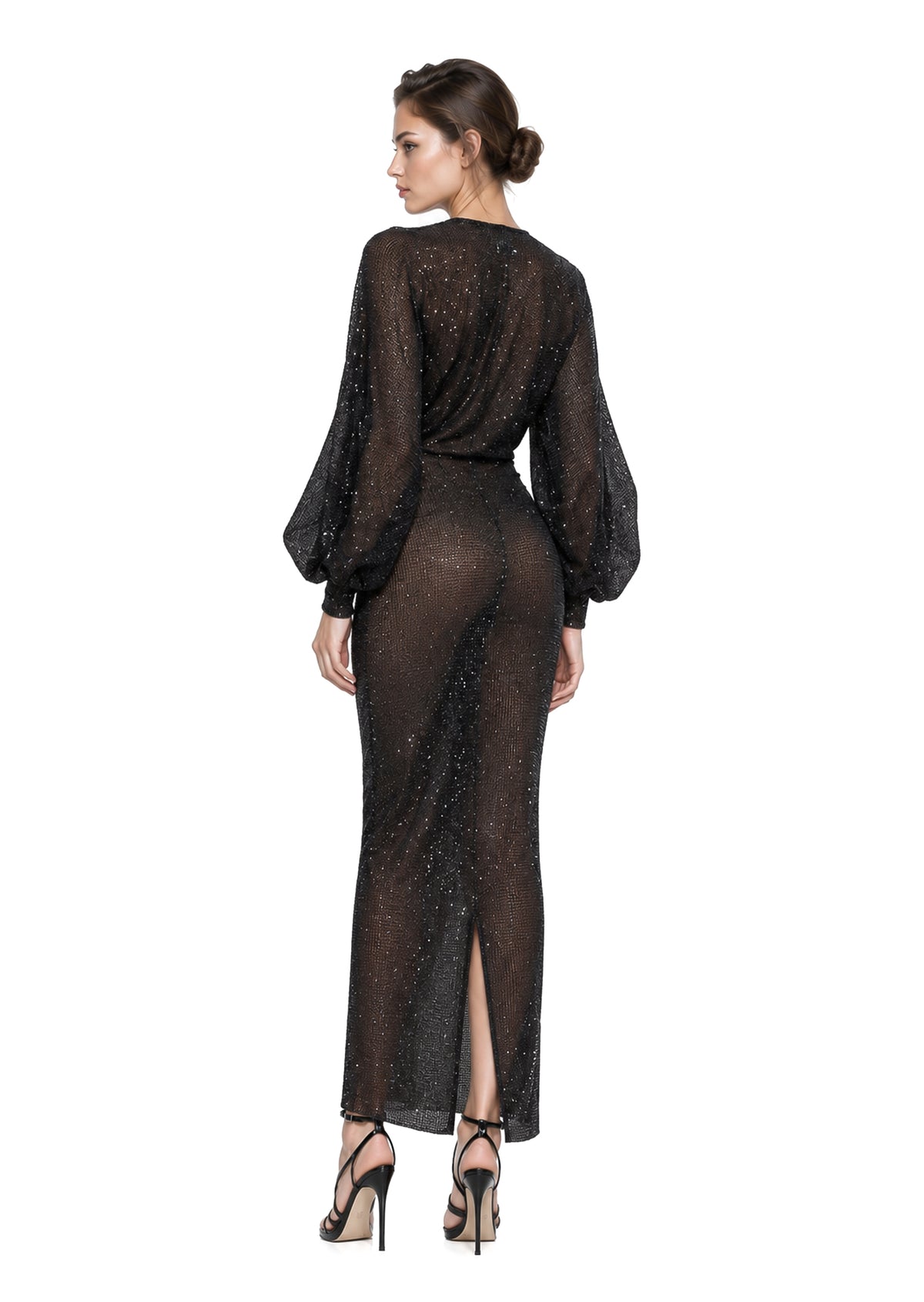 Chaka Sequined Long Sleeved Maxi Dress In Black