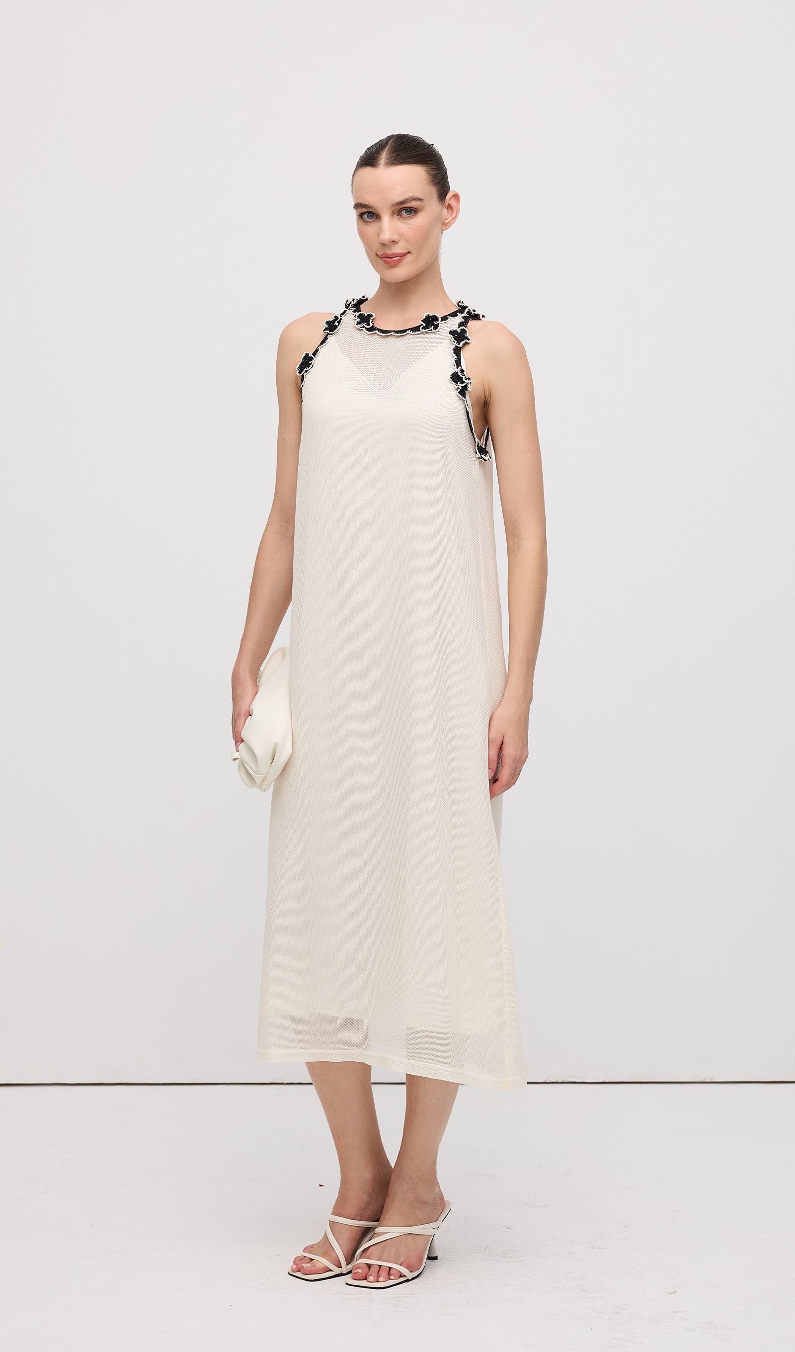 Sleeveless Embroidered Flowers Midi Dress