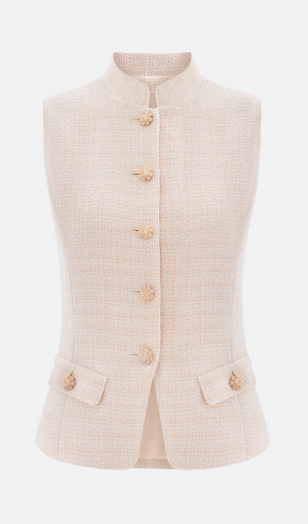 Fitted Tweed Waistcoat & Mini Shorts Sets In White