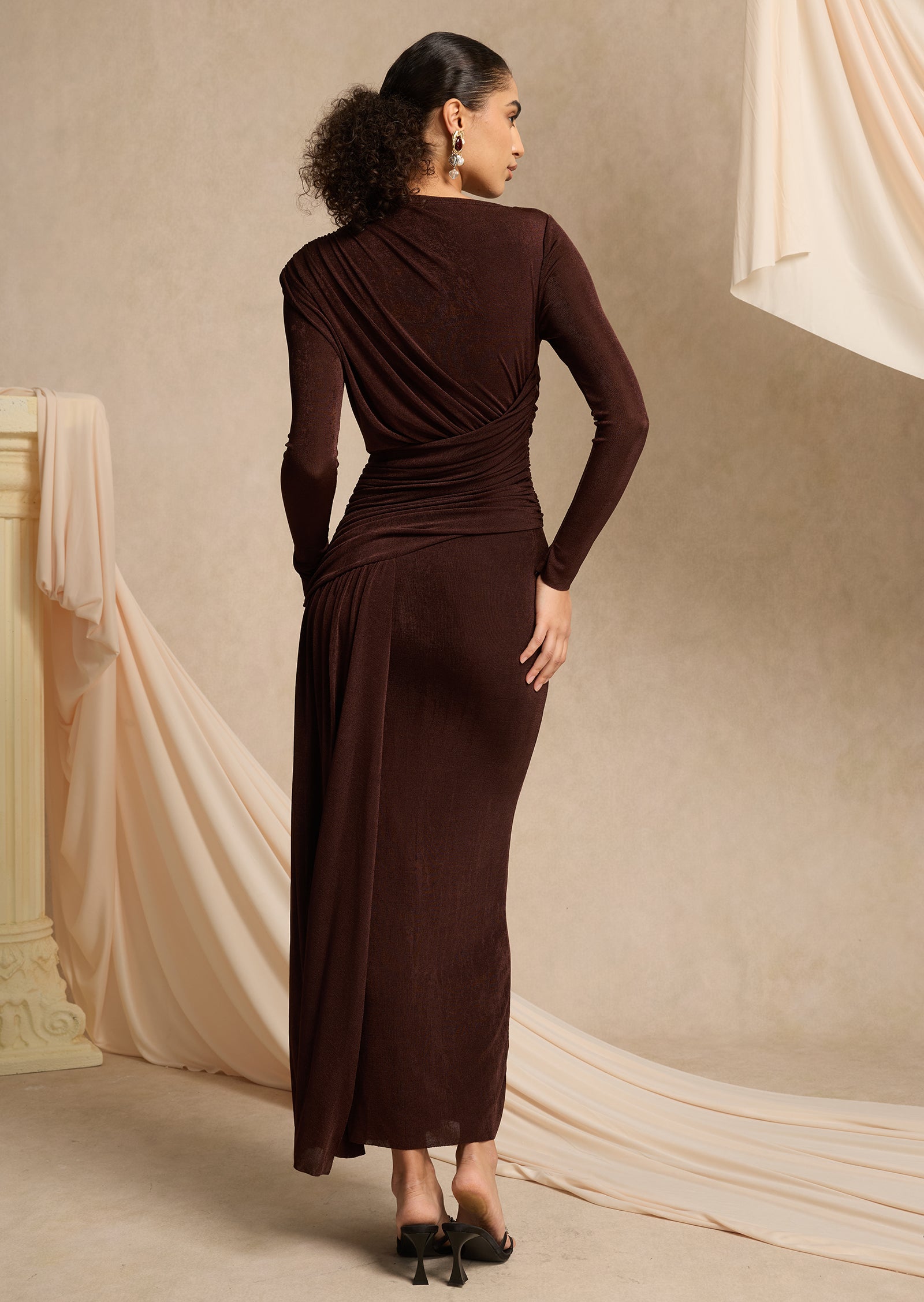Asymmetrical Maxi Dress With Draped Hip In Brown