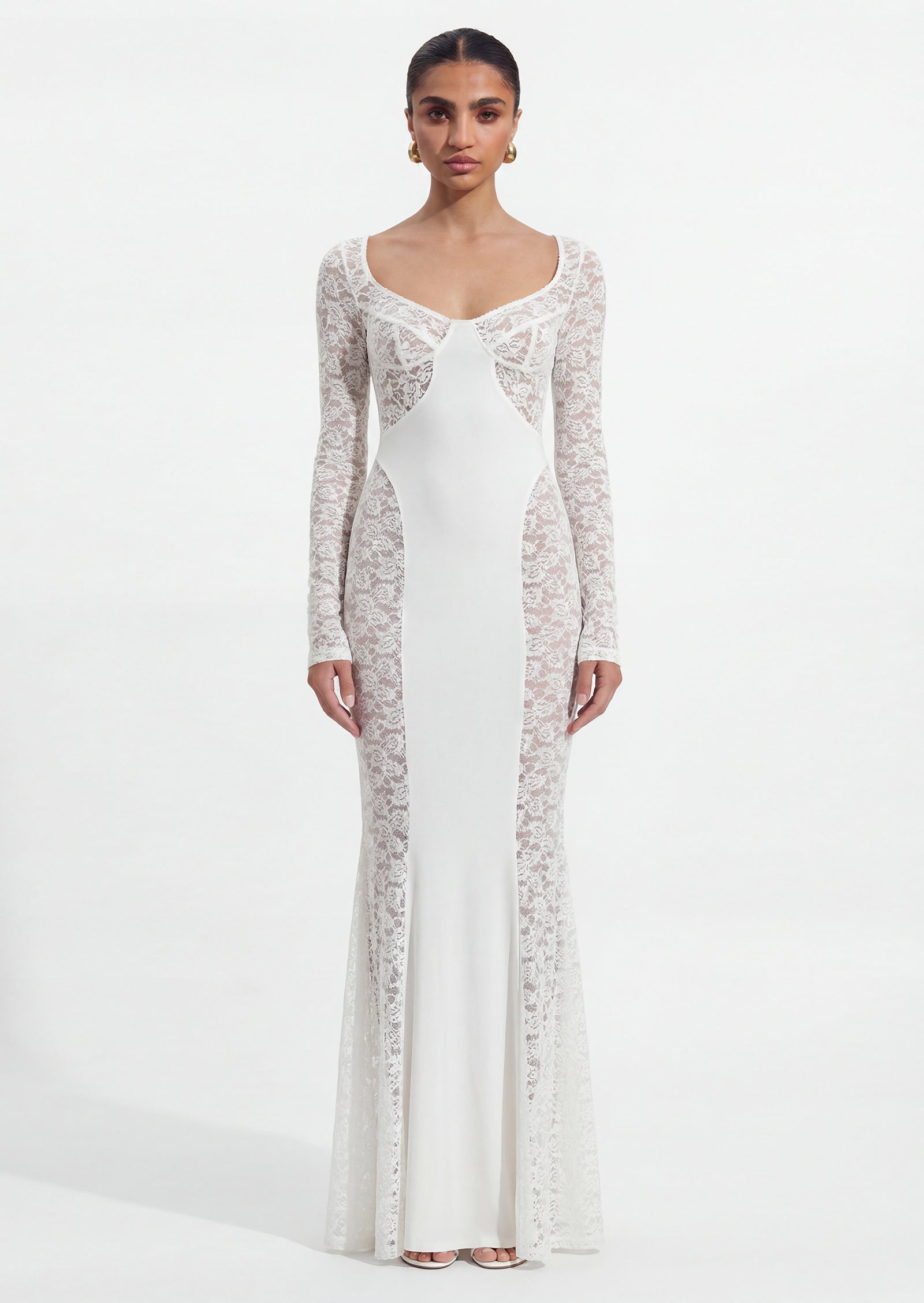 Long Sleeve Lace Panelled Maxi Dress In White