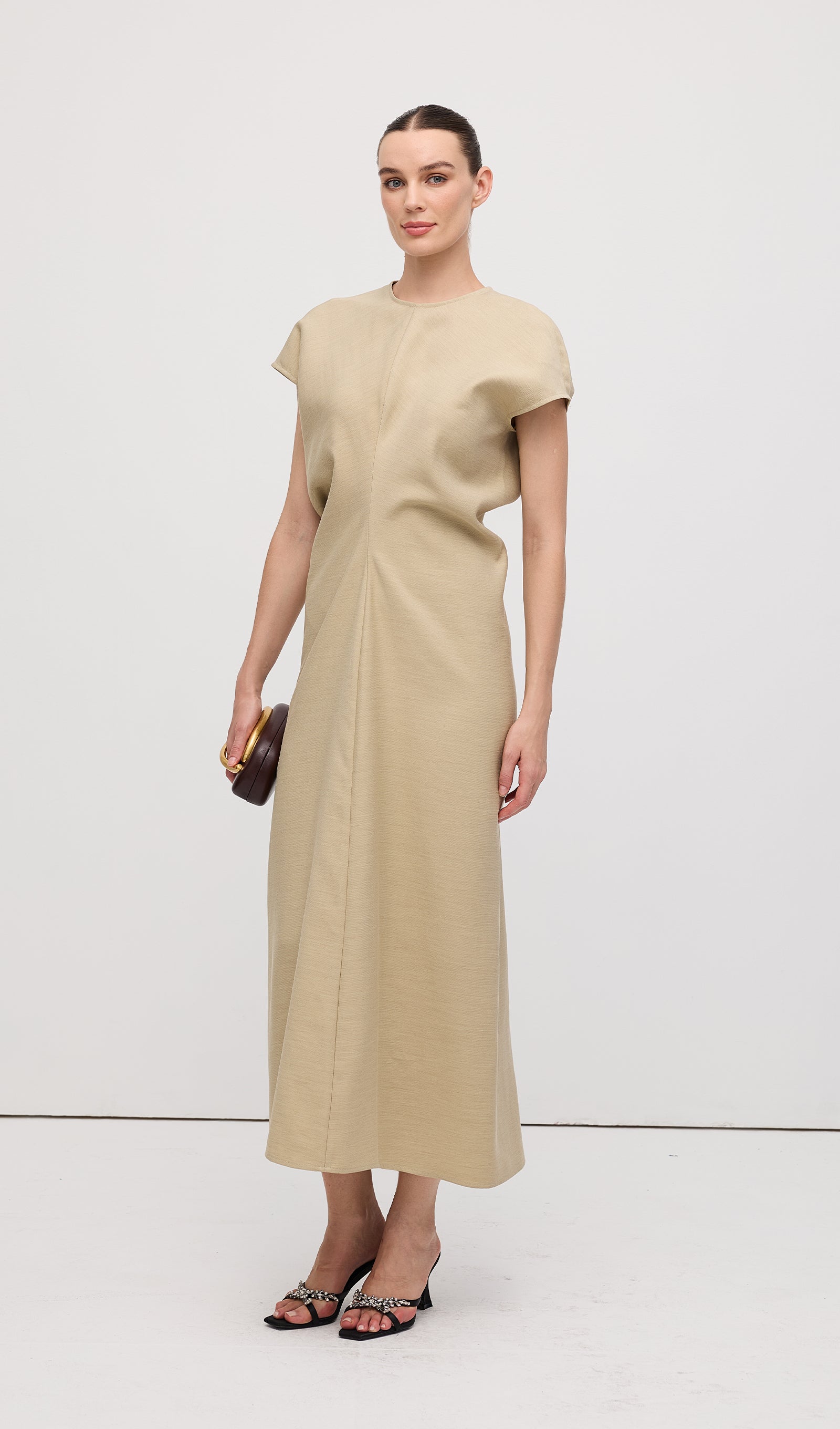 Slouch Waist  Midi Dress-Green