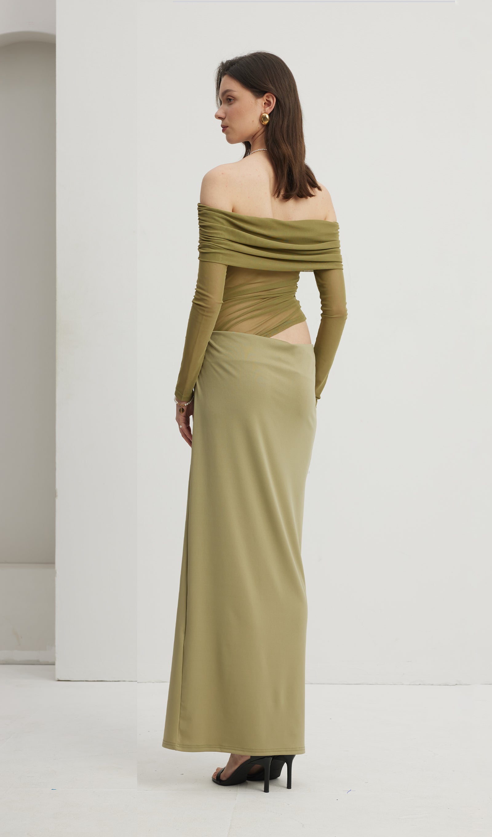 Off Shoulder Sheer Maxi Mesh Green