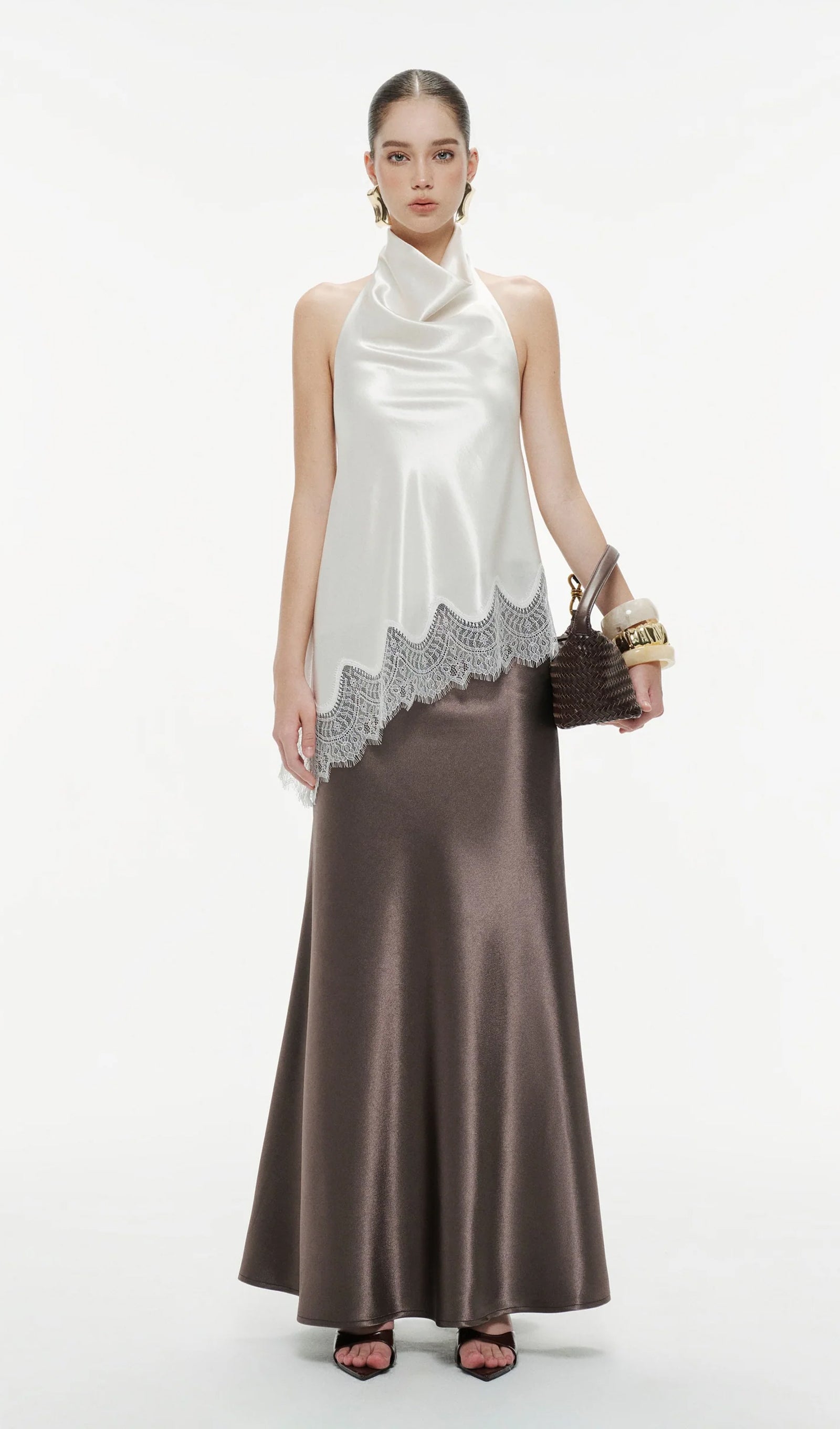 Silk Draped Halter Top In White