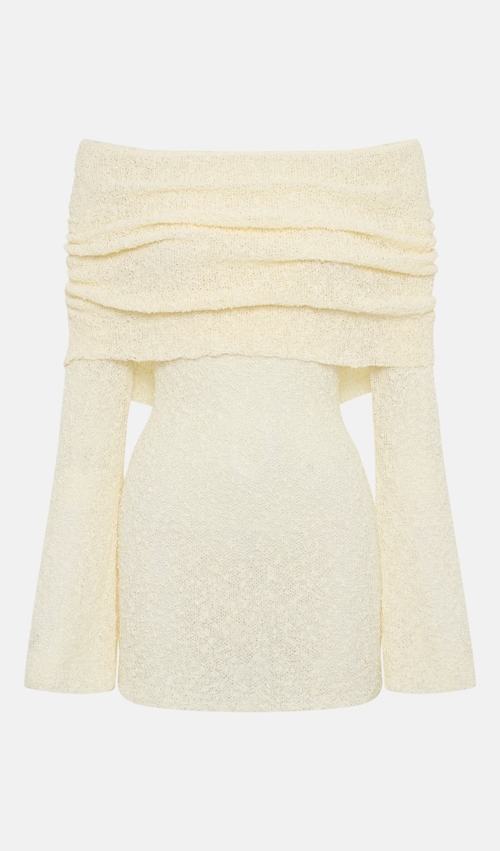 Off Shoulder Boucle Knit Mini Dress In Ivory