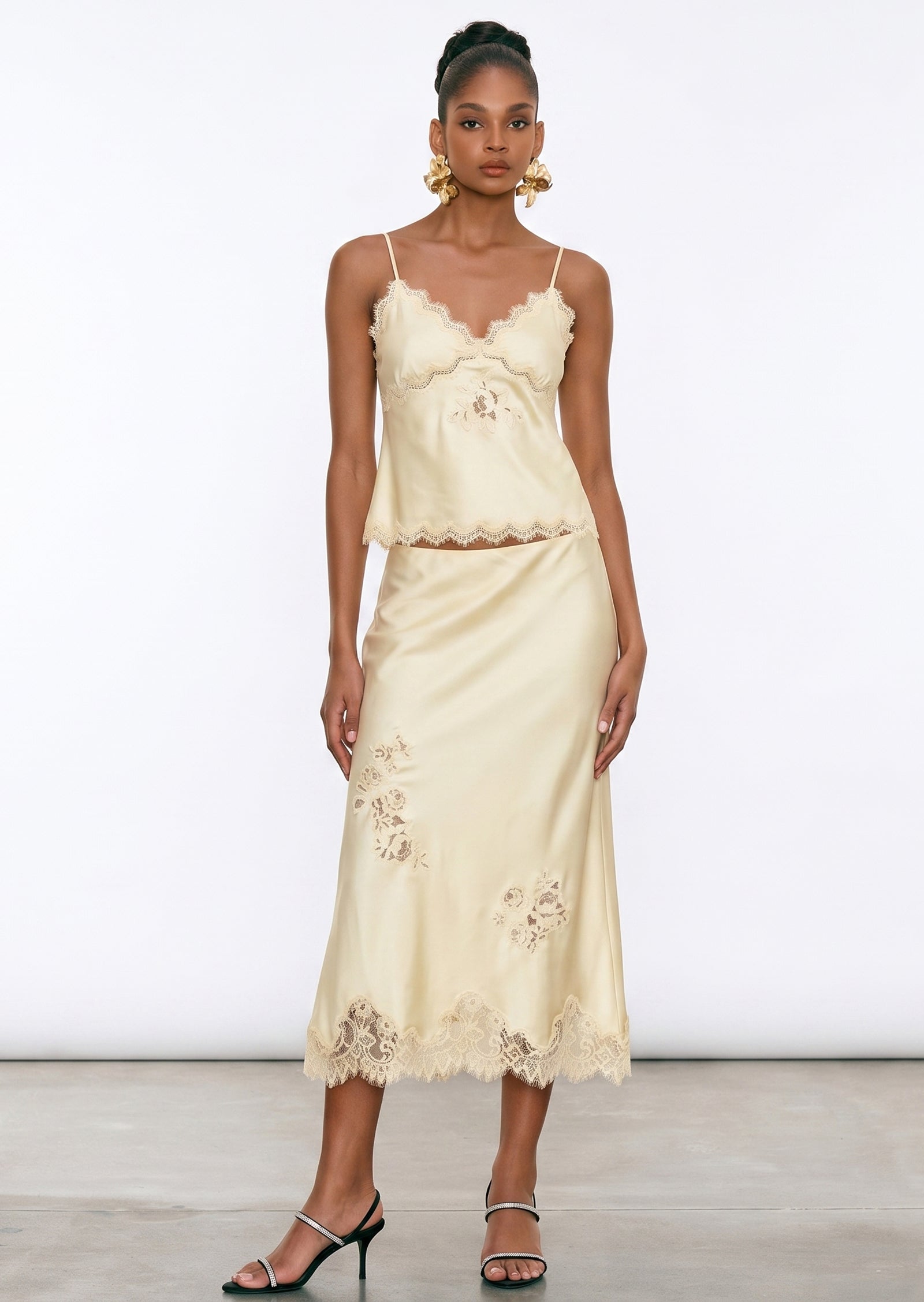 Vivia Satin Lace Midi Skirt Set In Pale Yellow