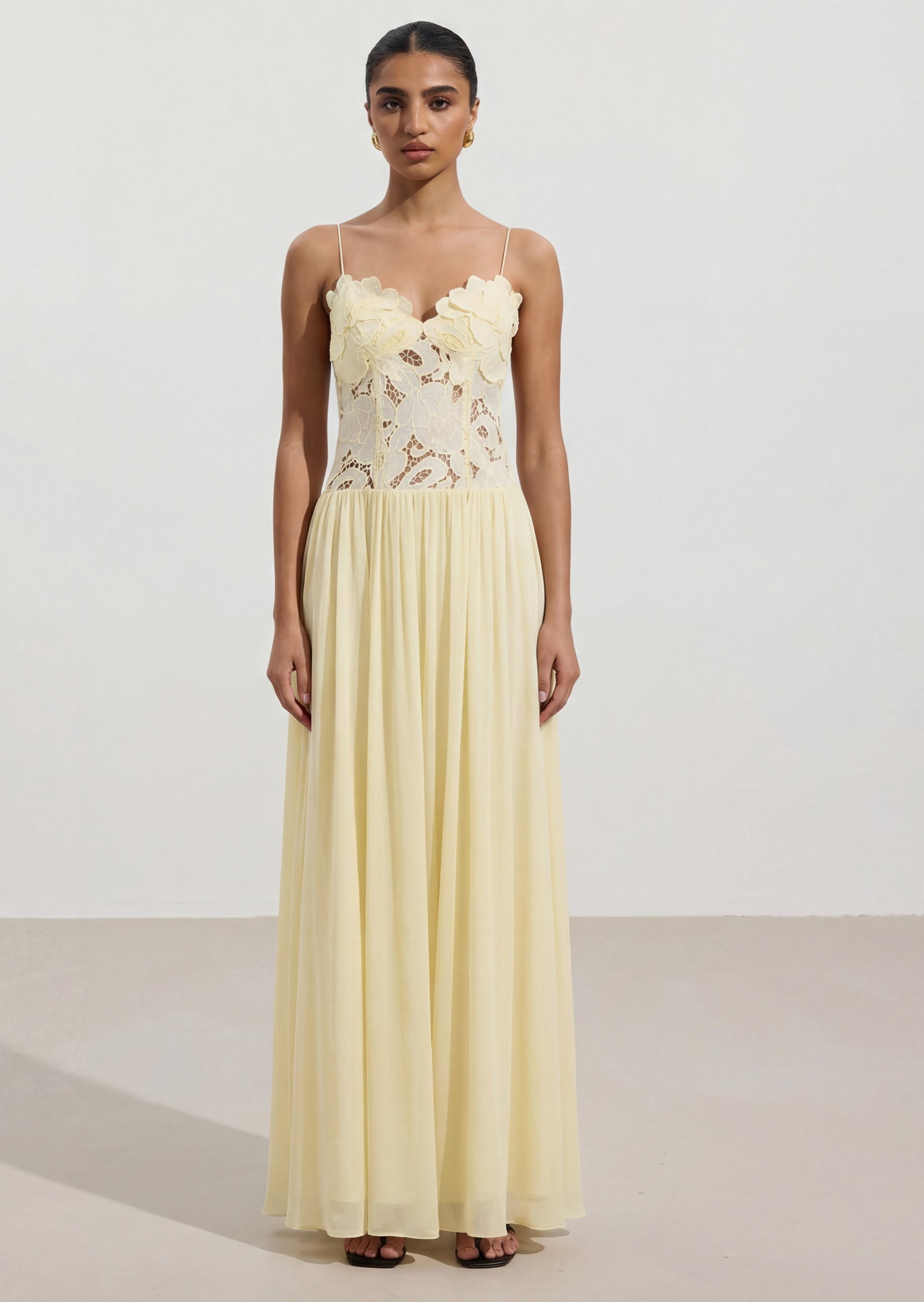 Stephanie Maxi Dress With Sheer Lace In Yellow