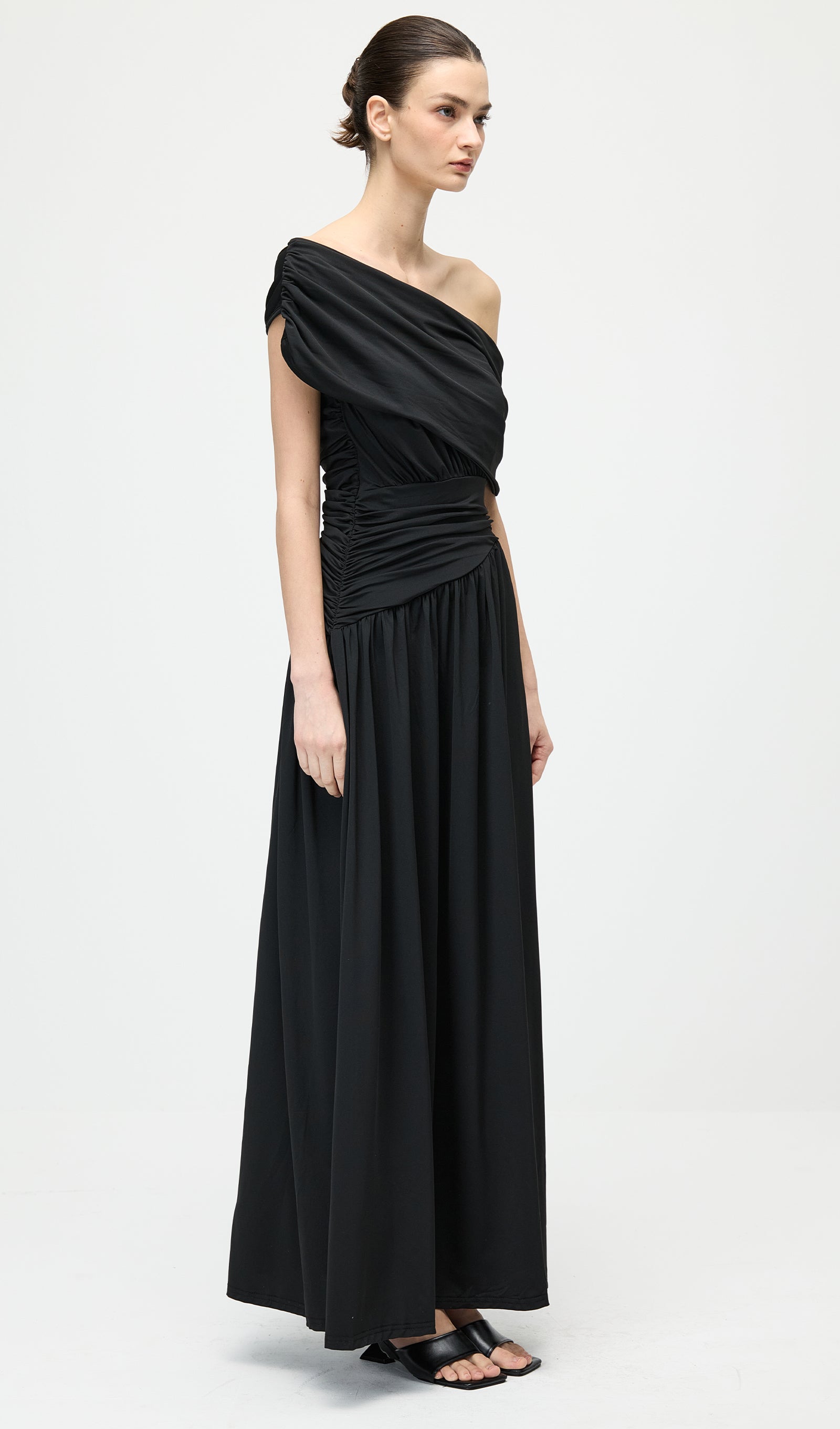 Black Off Shoulder Pleated Maxi Dress