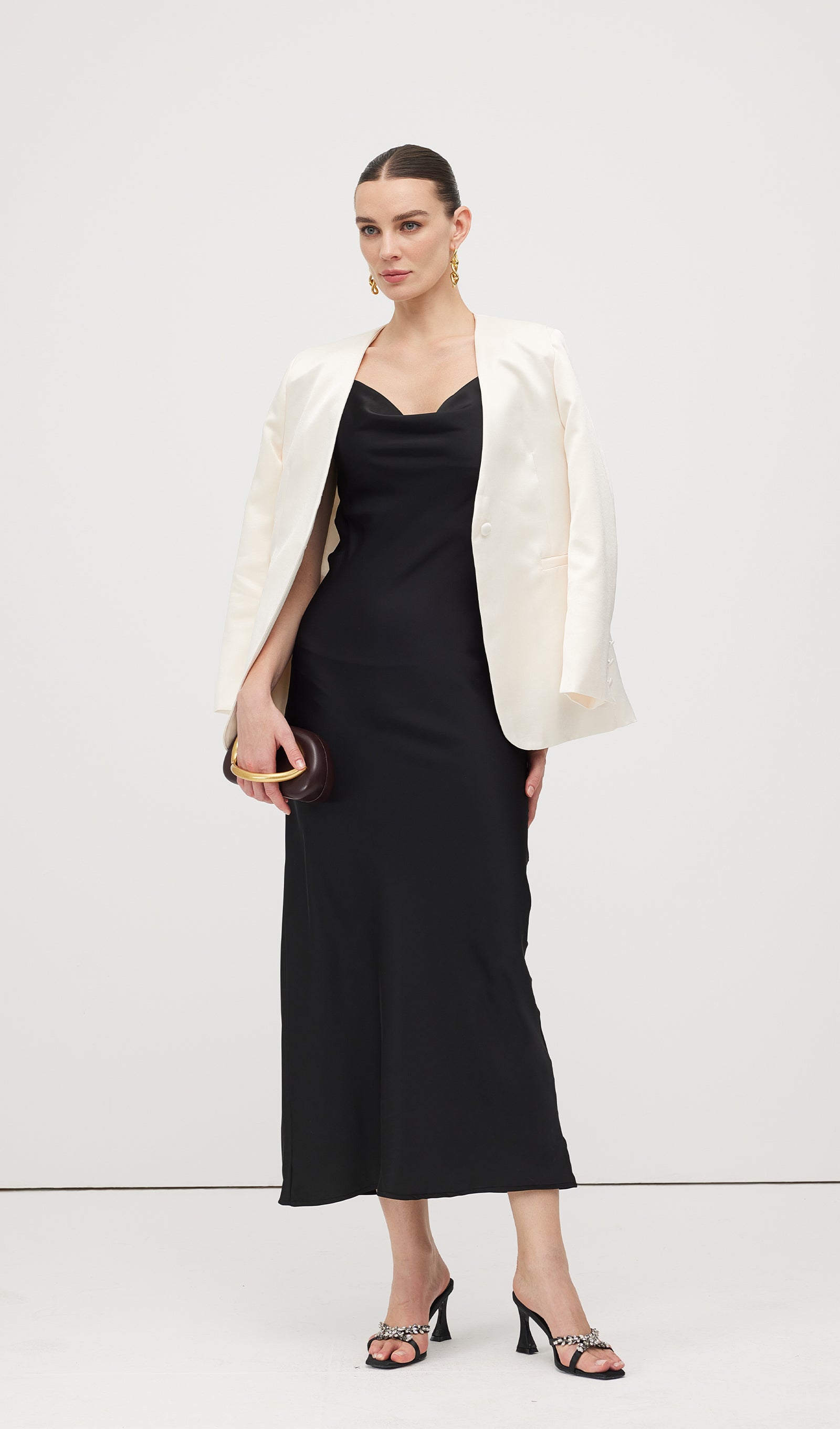 Swing Neck Satin Slip Midi Dress