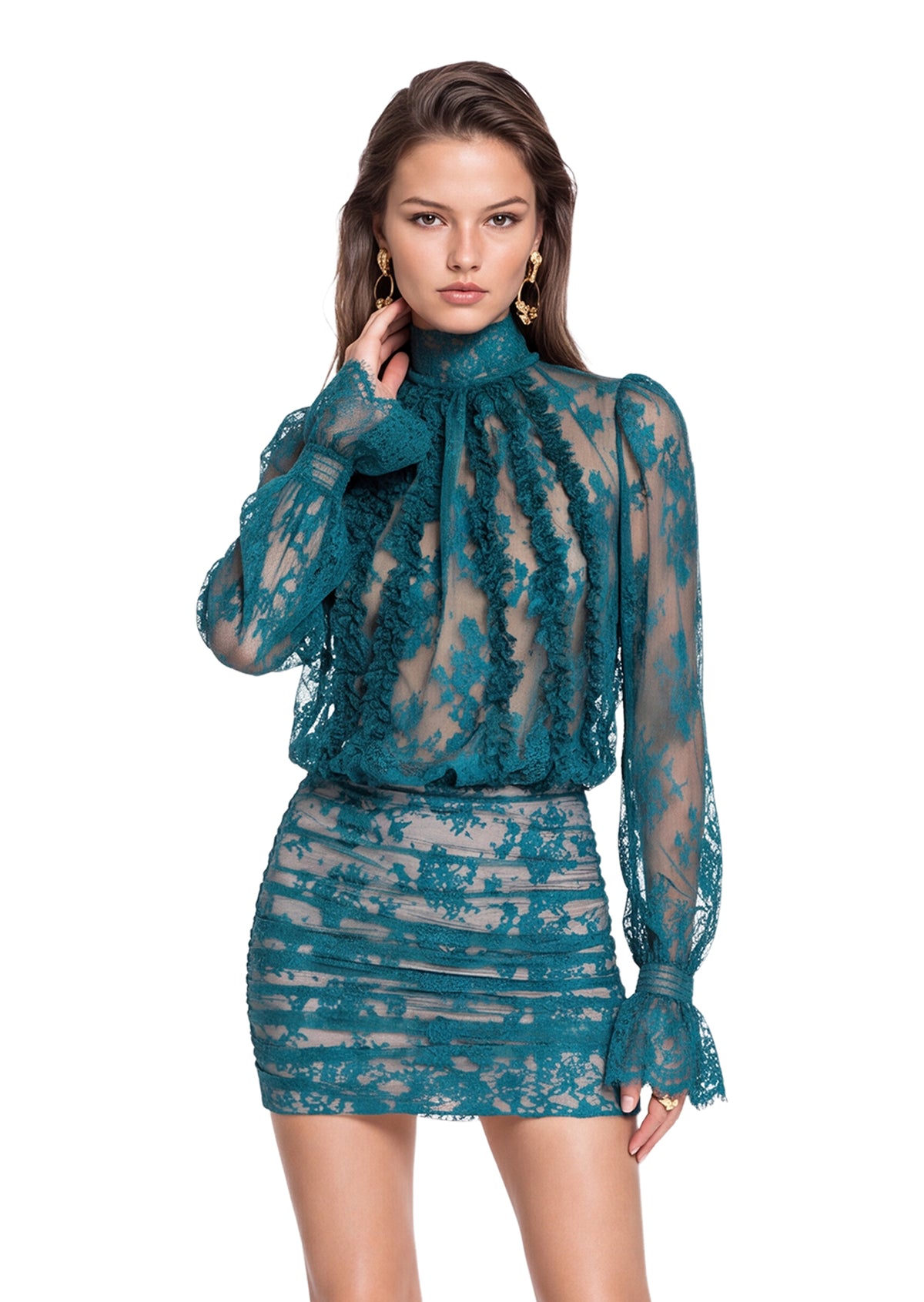 Midikleid in A-Linie mit Blumenmuster und Laternenärmeln