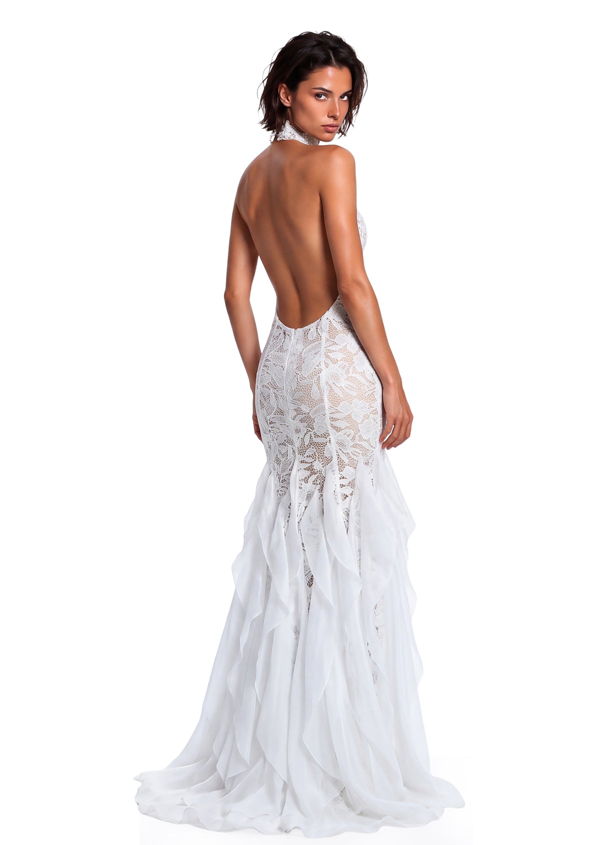 Zareen Halter Neck Ruffled Lace Maxi Dress