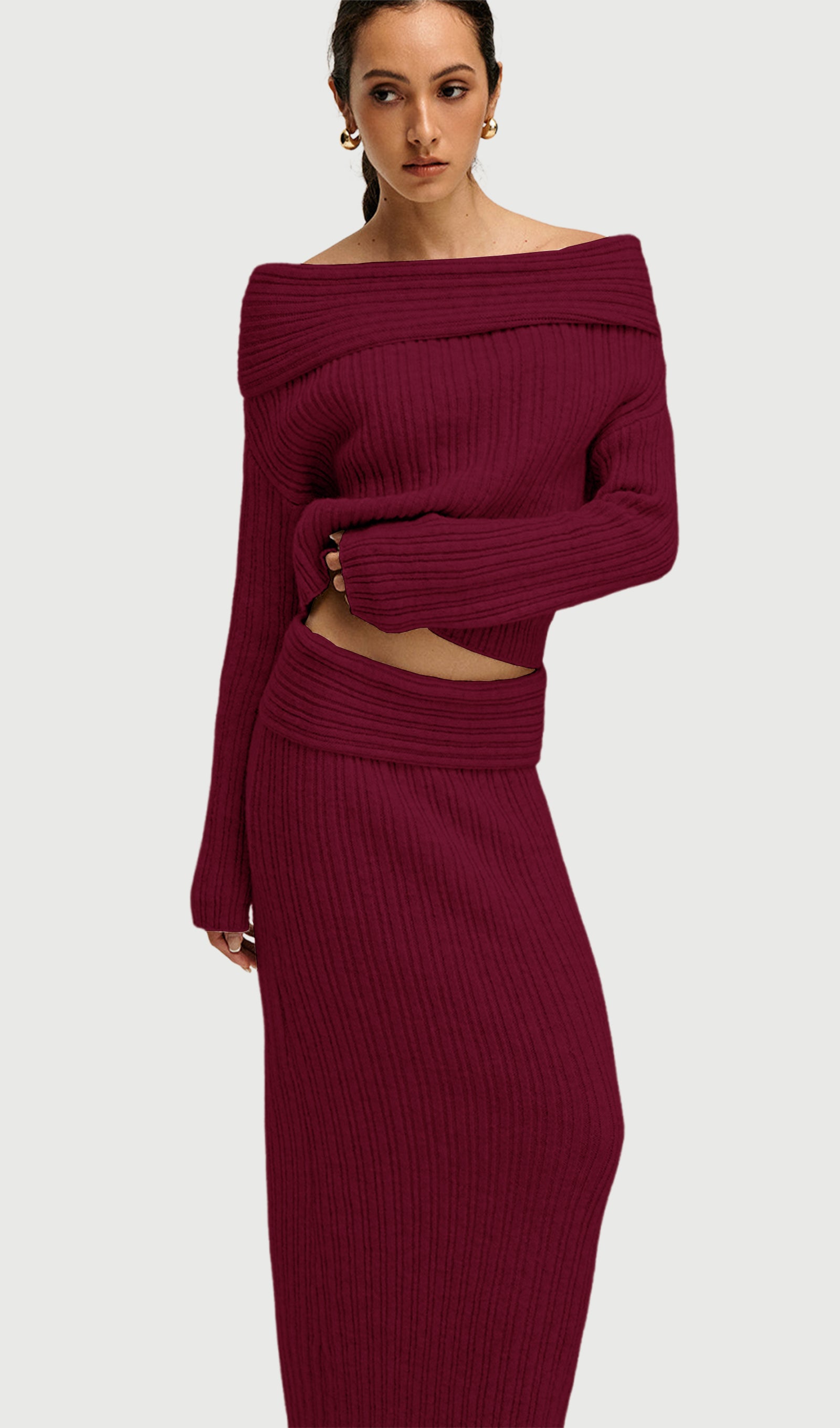 Off Shoulder Knitted Two Piece Set In Red