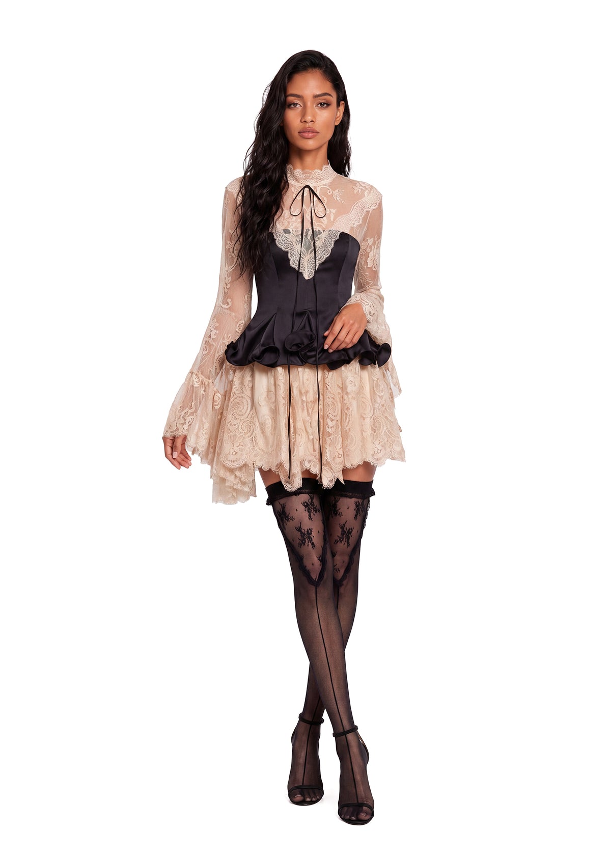 Raam Lace Satin Bell Sleeve Mini Dress