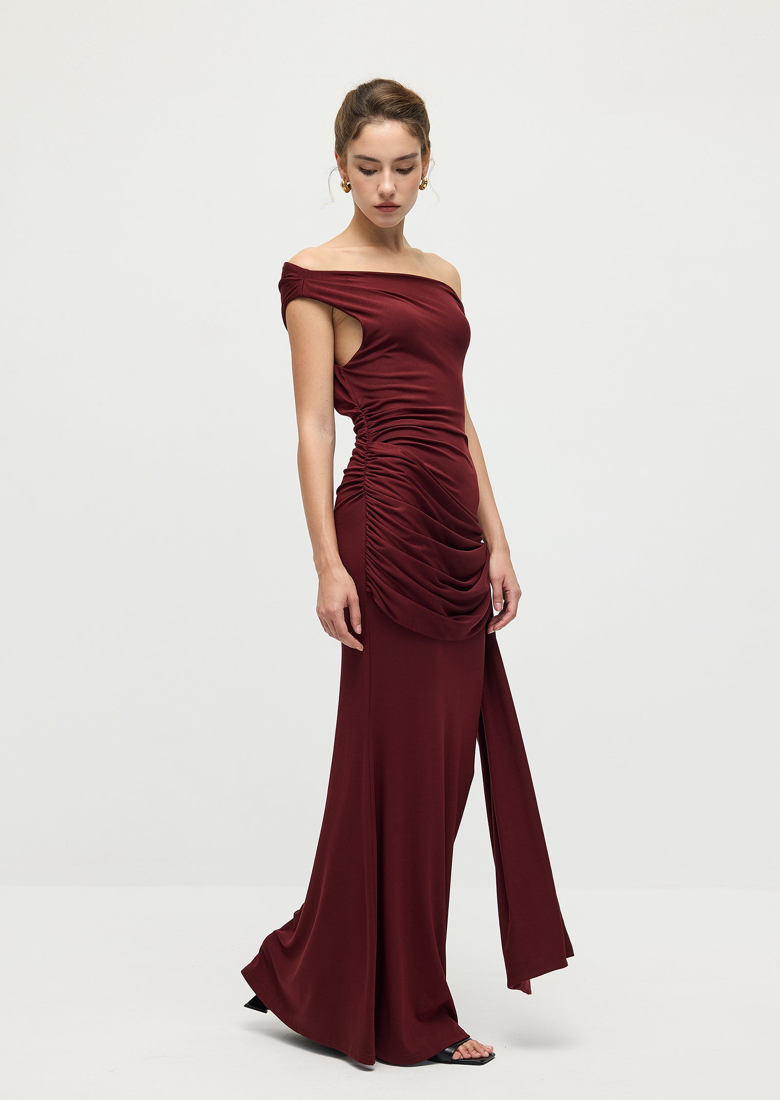Solid Slinky Fishtail Maxi Dress In Mahogany