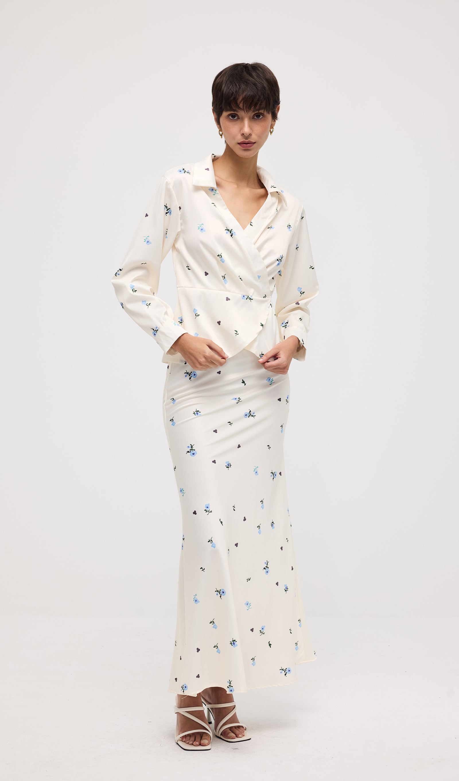 Floral Print Satin Maxi Skirt Two Piece Set