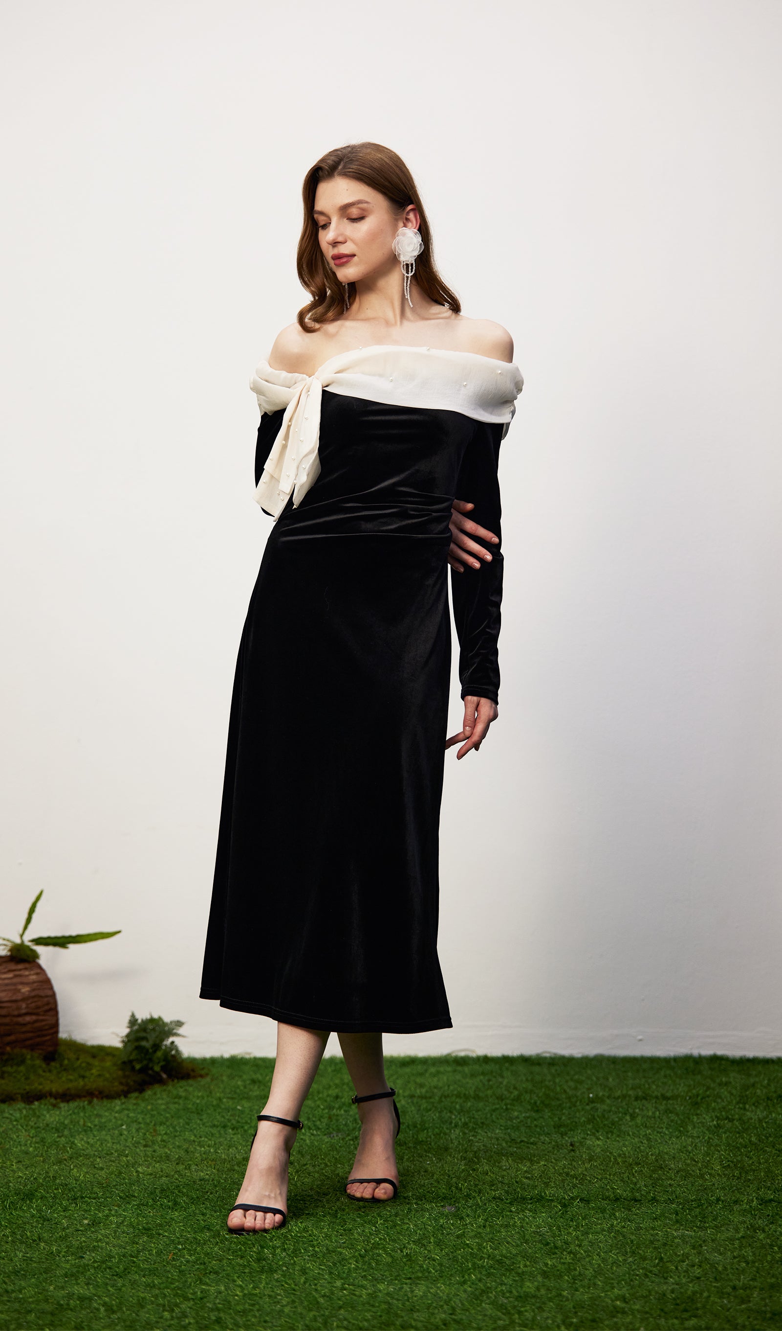 Off Shoulder Pearl Lace Up Maxi Dress