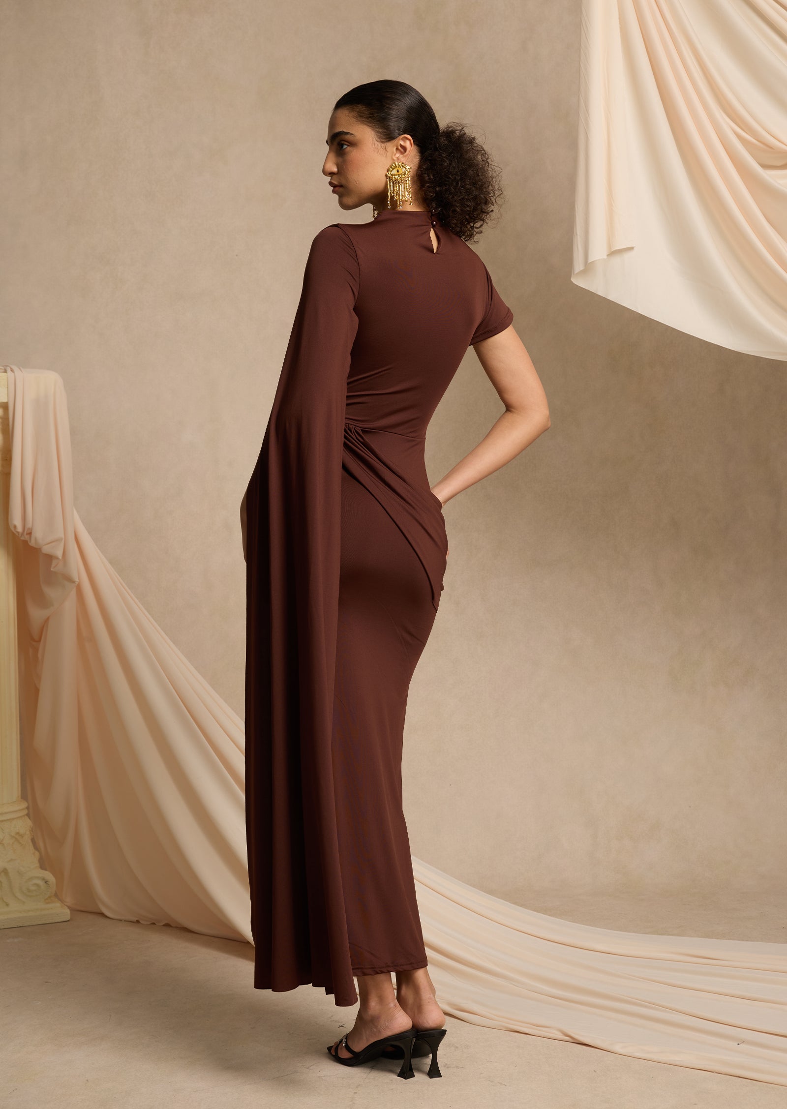 High-Neck Maxi With Long Cape Sleeve