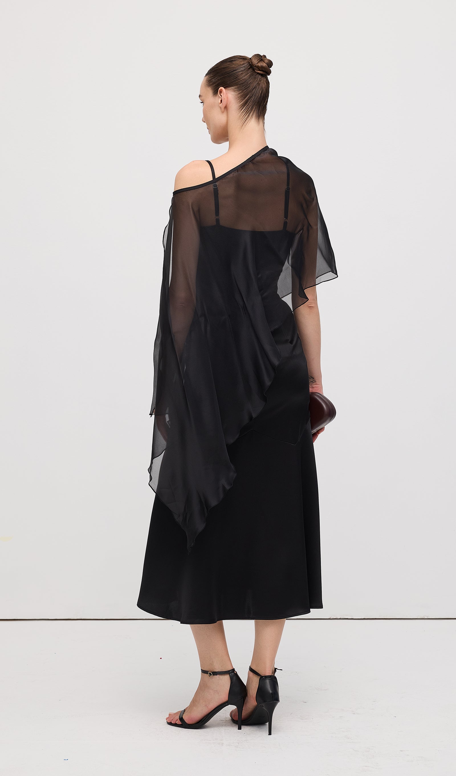 Asymmetric Cape With Satin Midi Dress – Queena Wish