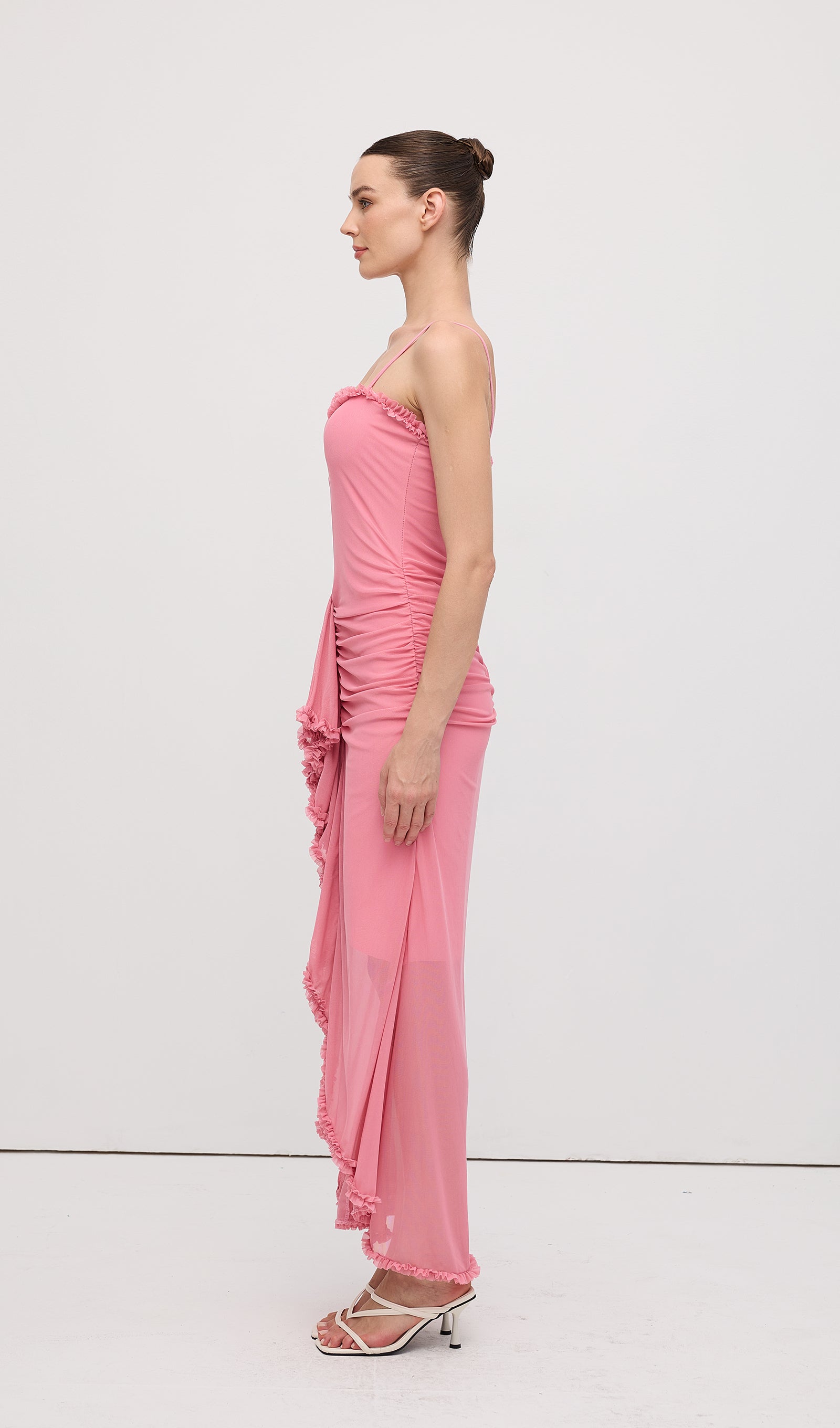 فستان ماكسي بكشكشة أمامية - وردي 