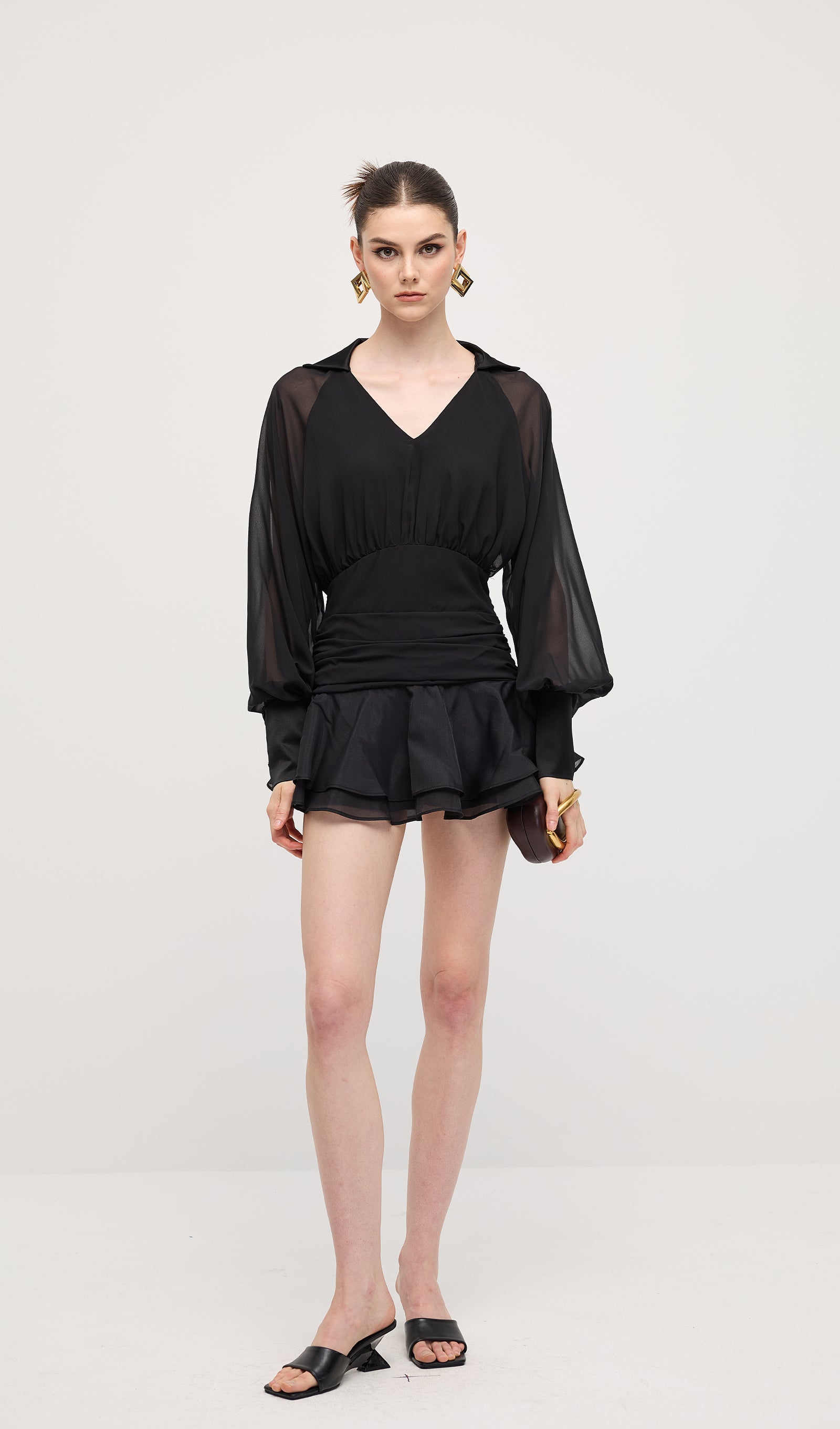 Solid Lantern Sleeve Mini Dress In Black
