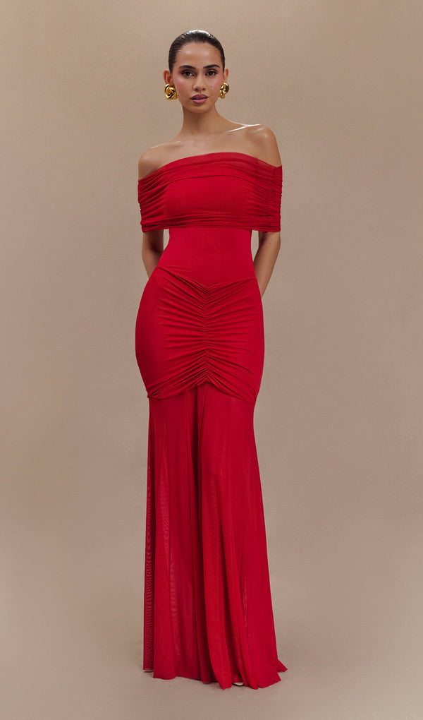 Slinky Off Shoulder Maxi Dress - Ruby