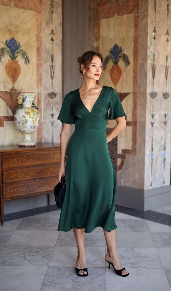 V Neck Evening Midi Dress-Green