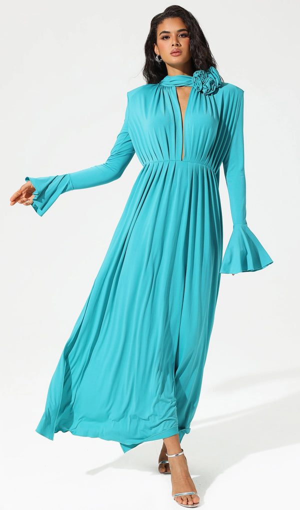 Flower V-Neck Pleated Slit Maxi Dress-Blue